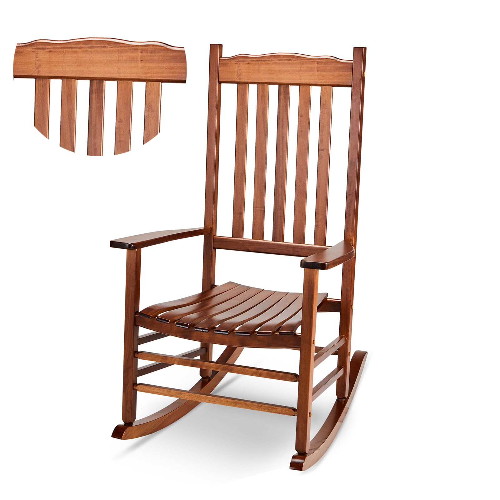 Outvita Outdoor Rocking Chair, Solid Wood High Back Rocker, All Weather Lounge Chair for Porch Patio Fire Pit Garden Backyard Deck Indoor, Wave Shape, Natural