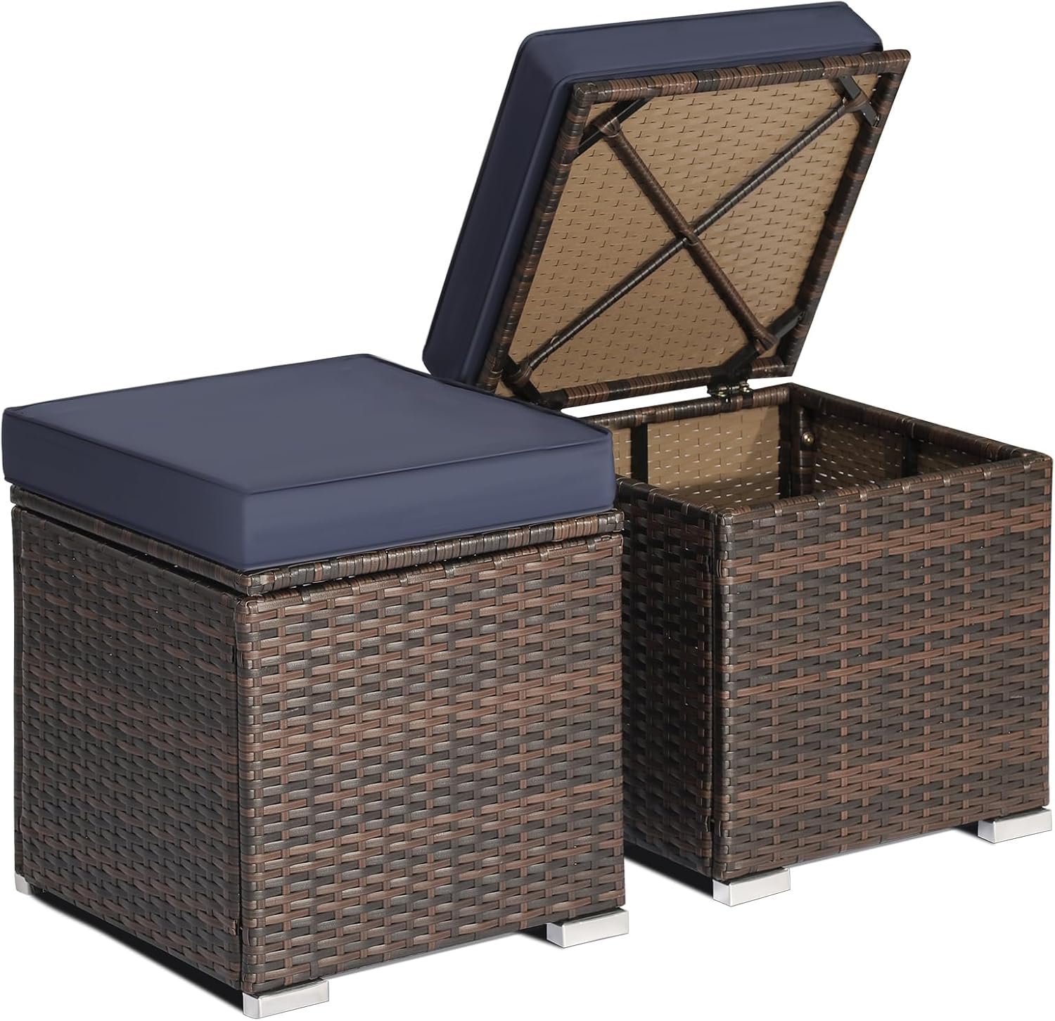 RELAX4LIFE Wicker Outdoor Storage Ottoman, 2-Piece Rattan Footstool w/Removable Cushion, Multipurpose Footrest Stool Side Table Additional Seating, Set of 2 Outdoor Ottomans for Patio Deck (Navy)
