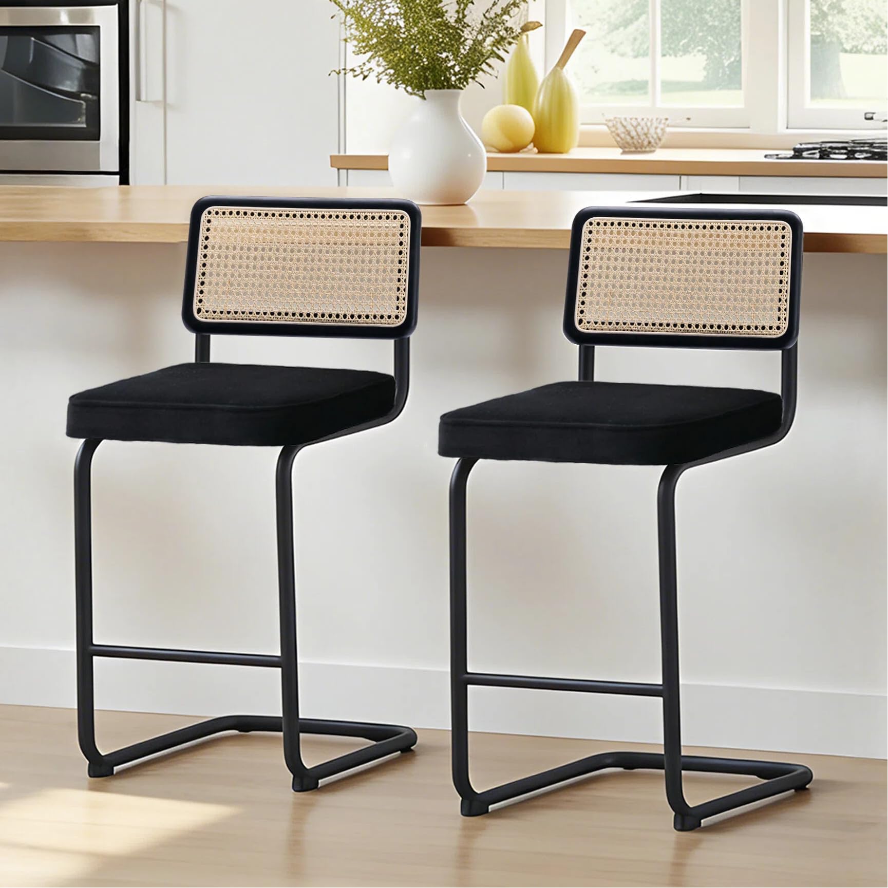 Zesthouse Natural Rattan Bar Stools Set of 2, Modern Counter Height Stools with Solid Wood Back, 26'' Counter Height Chairs, Mid Century Cantilevered Bar Chairs for Kitchen Island, Faux Leather Brown