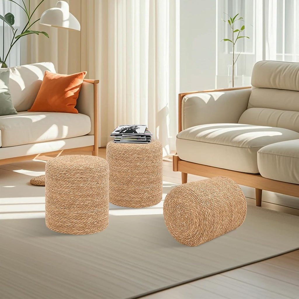 16" Natural Seagrass Braided Ottoman, Boho Round Footrest