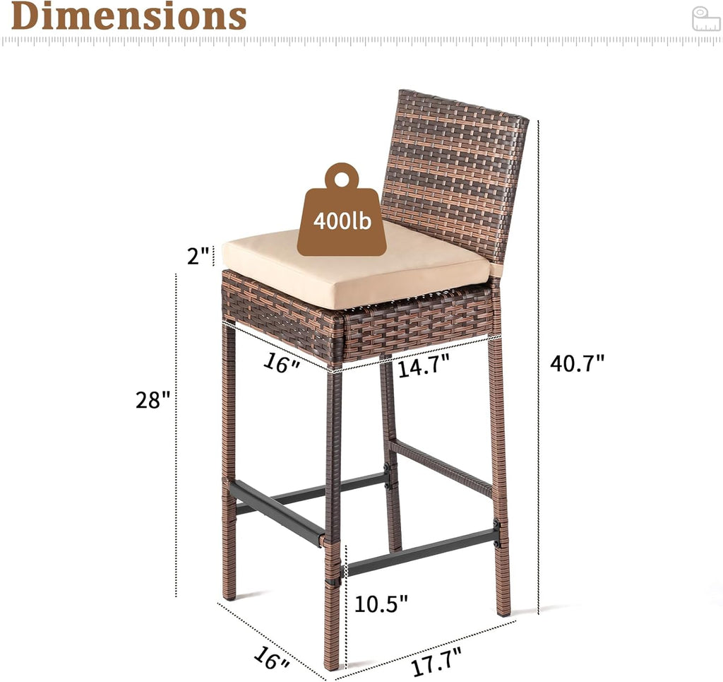 VINGLI Outdoor Wicker Bar Stool Set of 2, Patio Bar Stools w/Cushion, Bar Height Patio Chairs Outdoor Rattan Barstools for Garden Pool Lawn Backyard, Brown