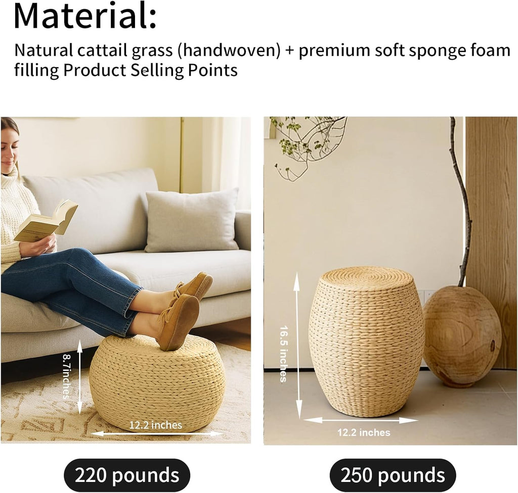 Solid Wood Straw Round Pouf Ottoman, Handwoven Boho Seating Stool, Low Tatami Ottoman Footrest for Living Room Bedroom Patio Garden (12.2"x12.2"x8.7")