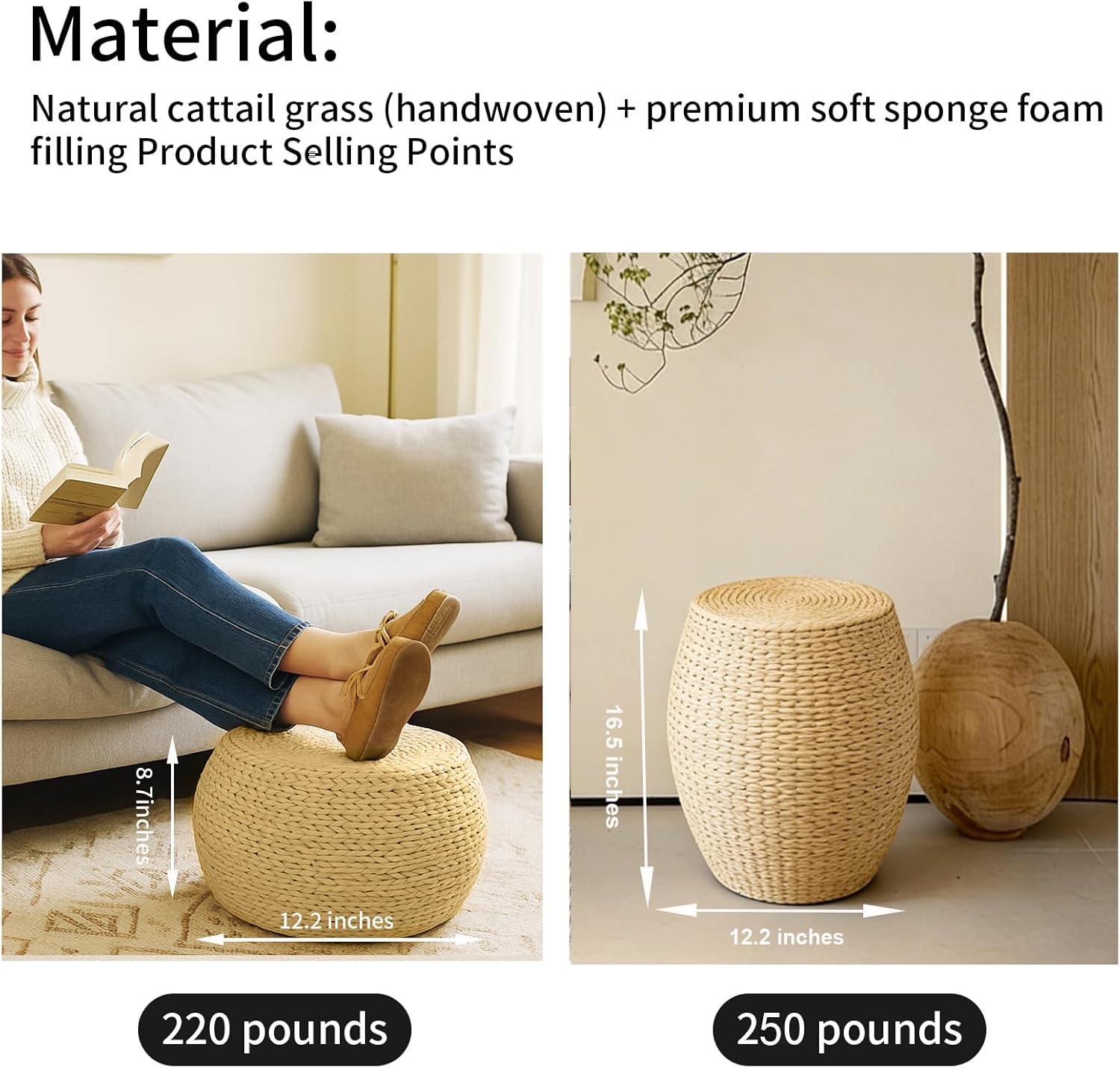 Solid Wood Straw Round Pouf Ottoman, Handwoven Boho Seating Stool, Low Tatami Ottoman Footrest for Living Room Bedroom Patio Garden (12.2"x12.2"x8.7")
