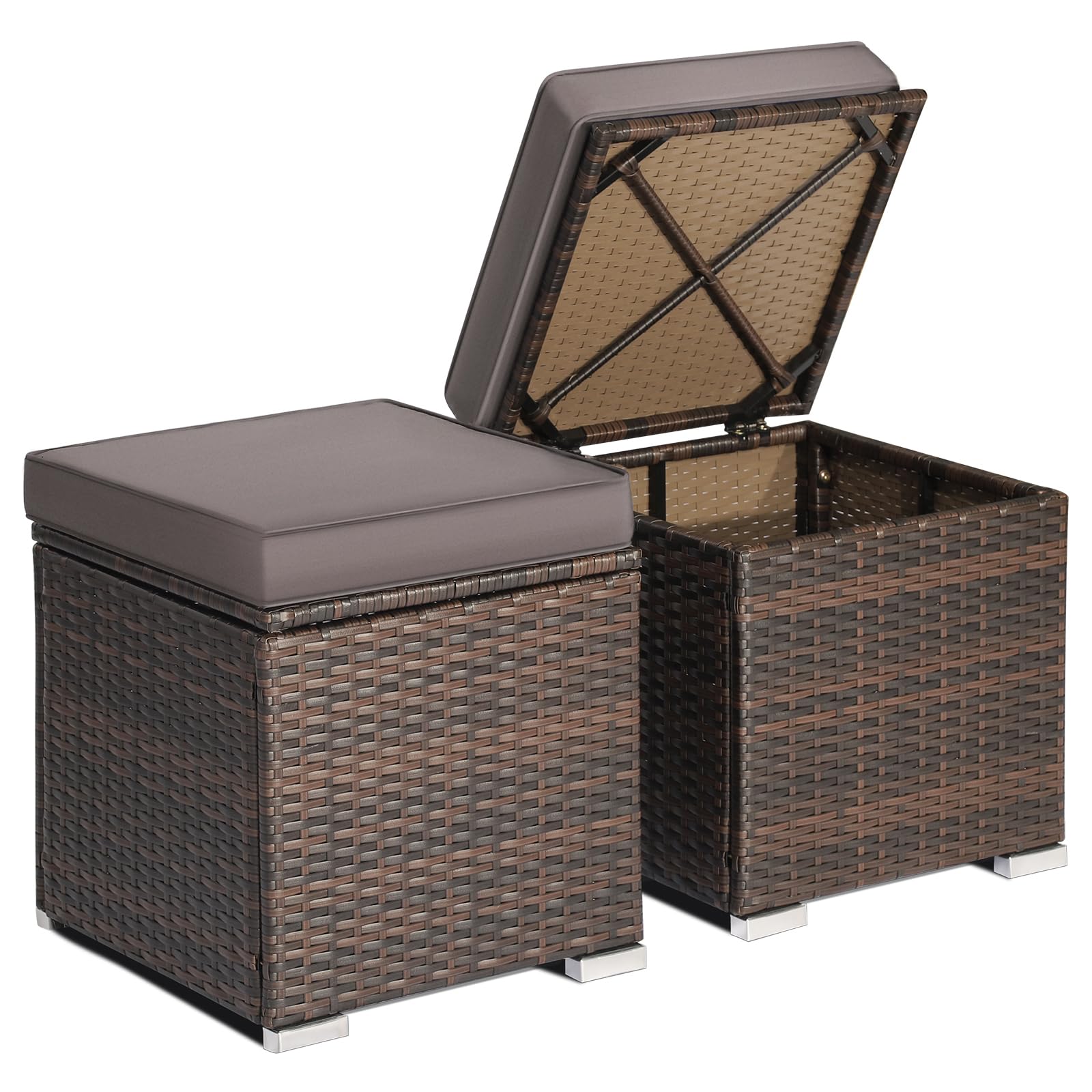 RELAX4LIFE Wicker Outdoor Storage Ottoman, 2-Piece Rattan Footstool w/Removable Cushion, Multipurpose Footrest Stool Side Table Additional Seating, Set of 2 Outdoor Ottomans for Patio Deck (Navy)