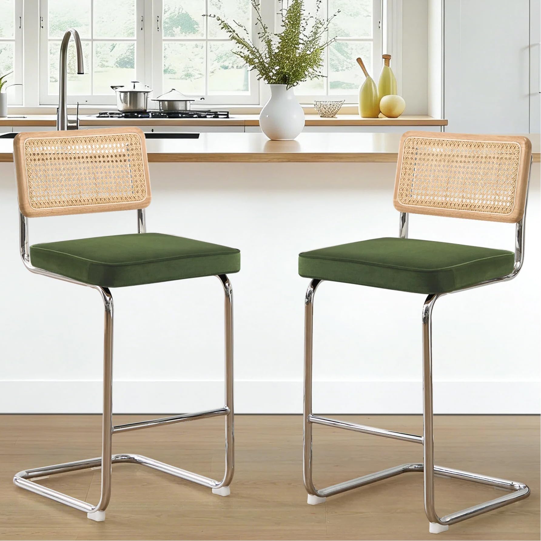 Zesthouse Natural Rattan Bar Stools Set of 2, Modern Counter Height Stools with Solid Wood Back, 26'' Counter Height Chairs, Mid Century Cantilevered Bar Chairs for Kitchen Island, Faux Leather Brown