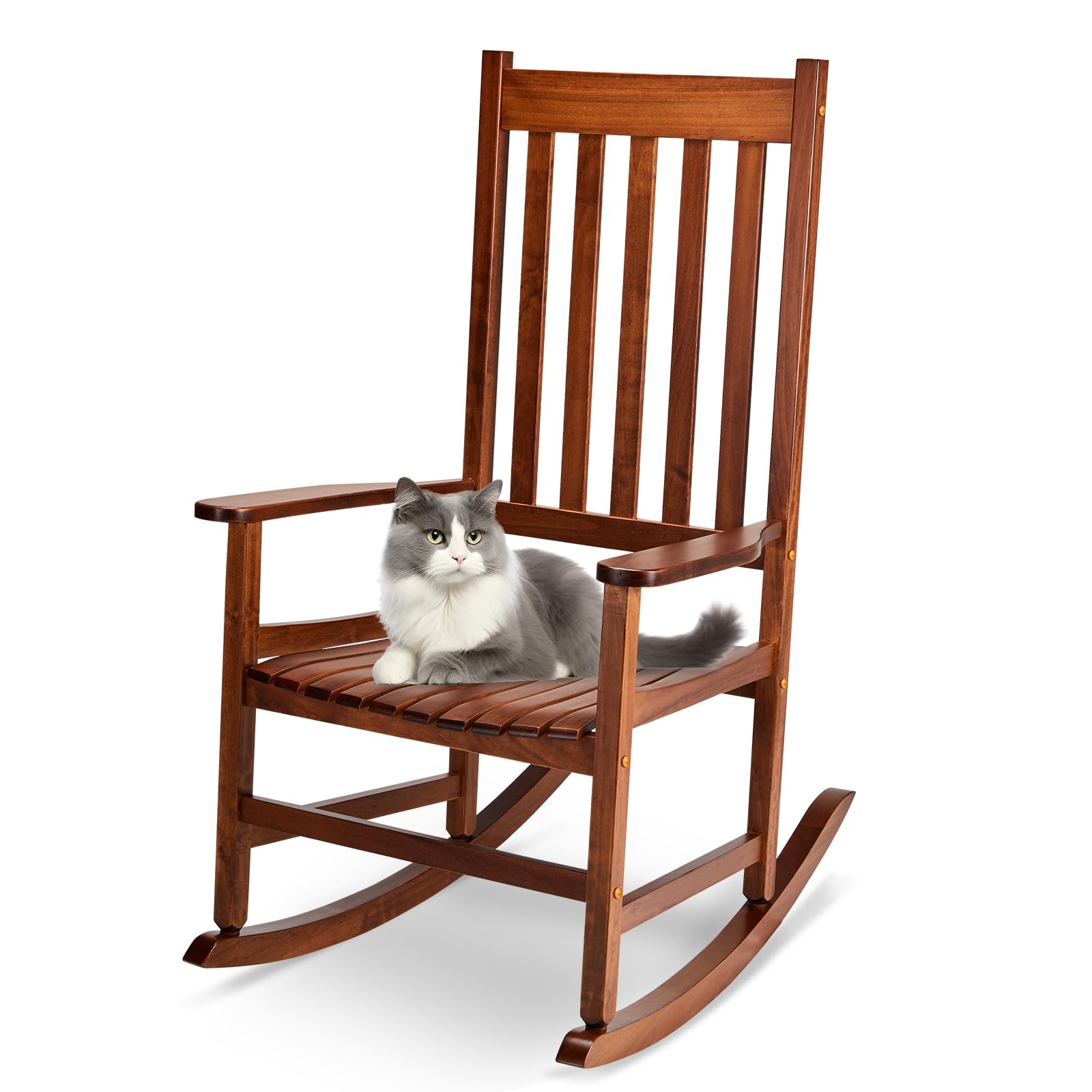 Outvita Outdoor Rocking Chair, Solid Wood High Back Rocker, All Weather Lounge Chair for Porch Patio Fire Pit Garden Backyard Deck Indoor, Natural