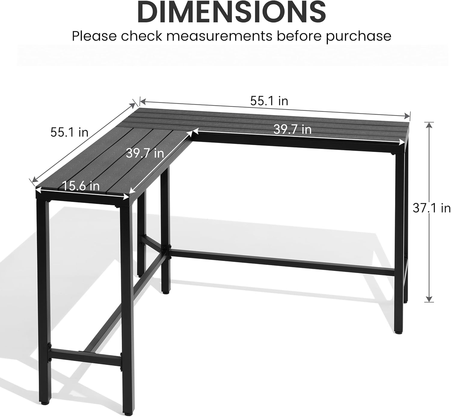 Crestlive Products Outdoor Bar Table, L-Shaped 55'' All-Weather Metal Frame with Slatted Tabletop, Patio Pub Counter Height High Top Table for Balcony, Backyard, Bistro, Garden, and Poolside, Black