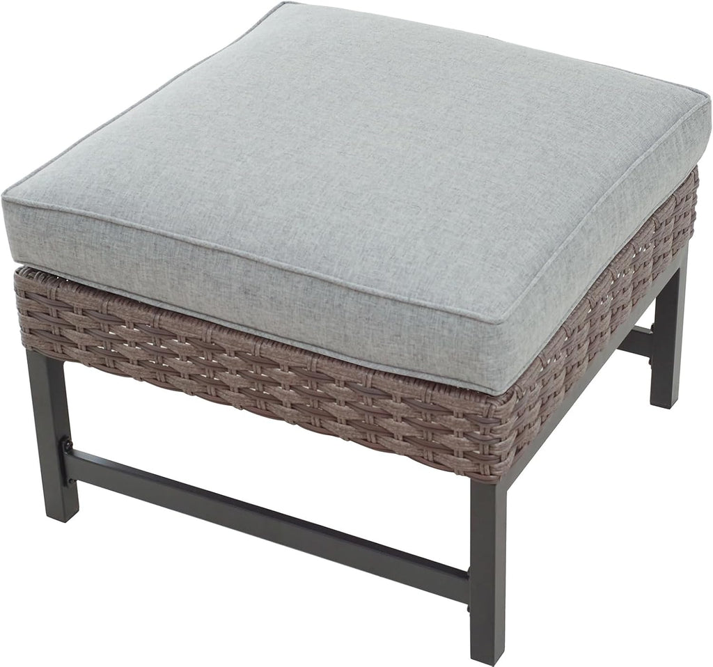 Outdoor Cushioned Ottoman Wicker Patio Furniture Ottoman with Grey Cushion Metal Steel Frame