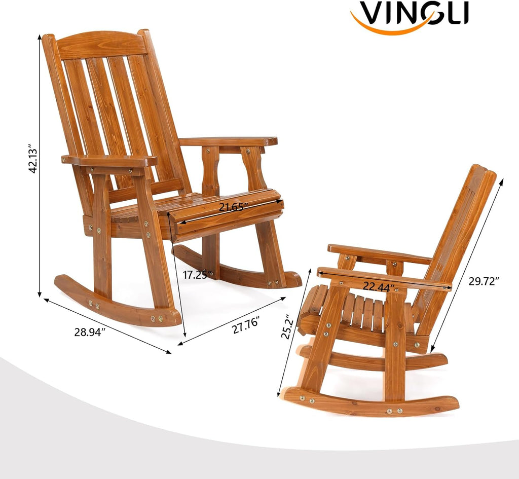 VINGLI Outdoor Rocking Chair, Heavy Duty 600 LBS Wooden Rocking Bench with Comfortable Backrest, Weatherproof Patio Rocker with Ergonomic Design, Wood Rocking Chair for Patio, Garden (Teak, 1PC)