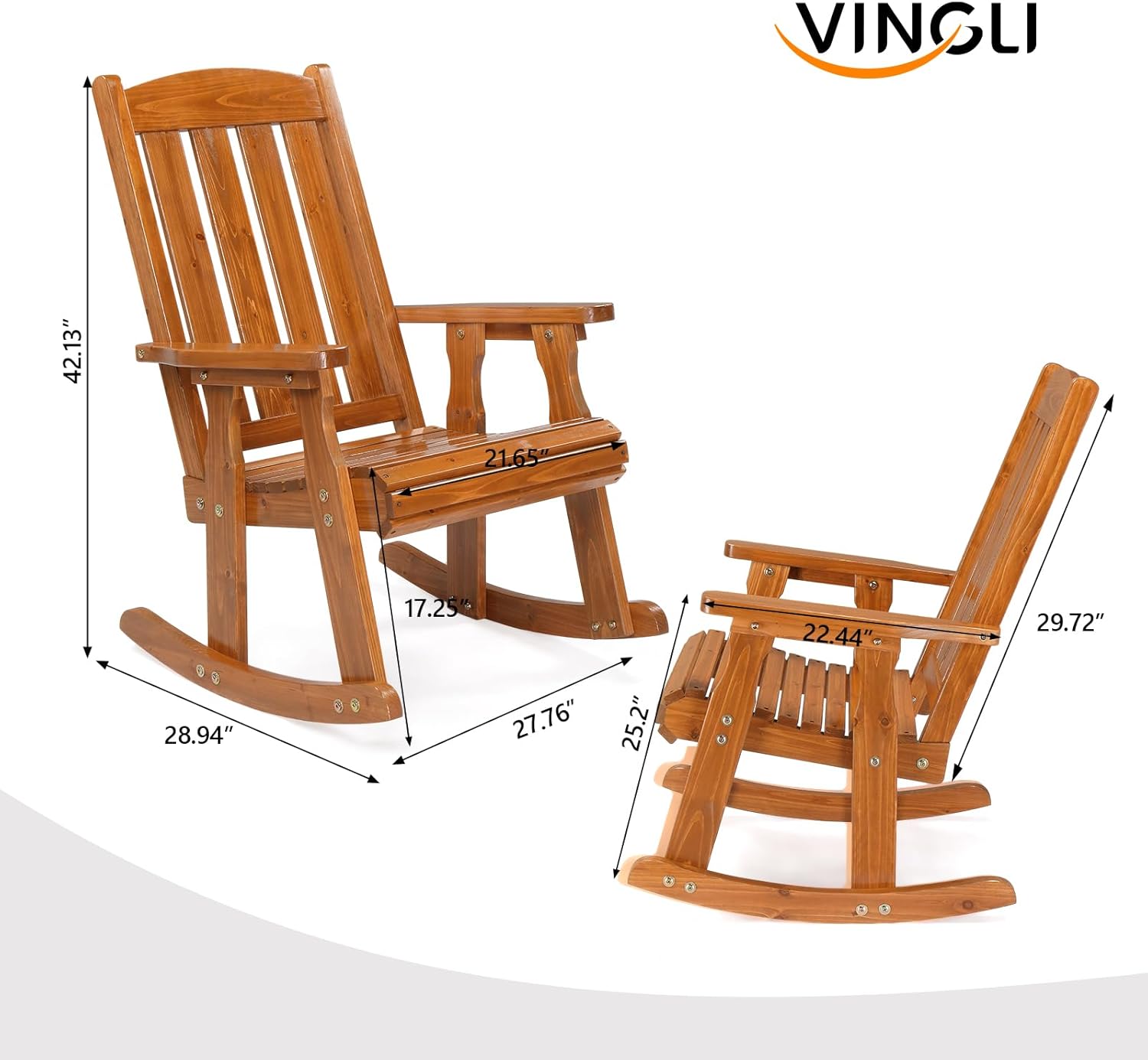 VINGLI Outdoor Rocking Chair, Heavy Duty 600 LBS Wooden Rocking Bench with Comfortable Backrest, Weatherproof Patio Rocker with Ergonomic Design, Wood Rocking Chair for Patio, Garden (Teak, 1PC)