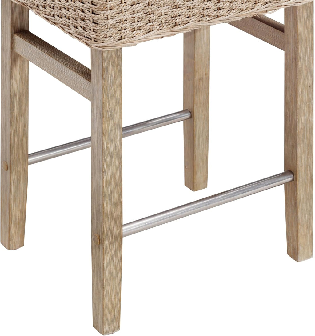 Nathan James Harvey Rattan Bar Stool, Bohemian Counter Height Stool with Woven Seagrass Seat, Solid Wood Legs, and Metal Footrest Seagrass/Brushed Gray, Set of 2
