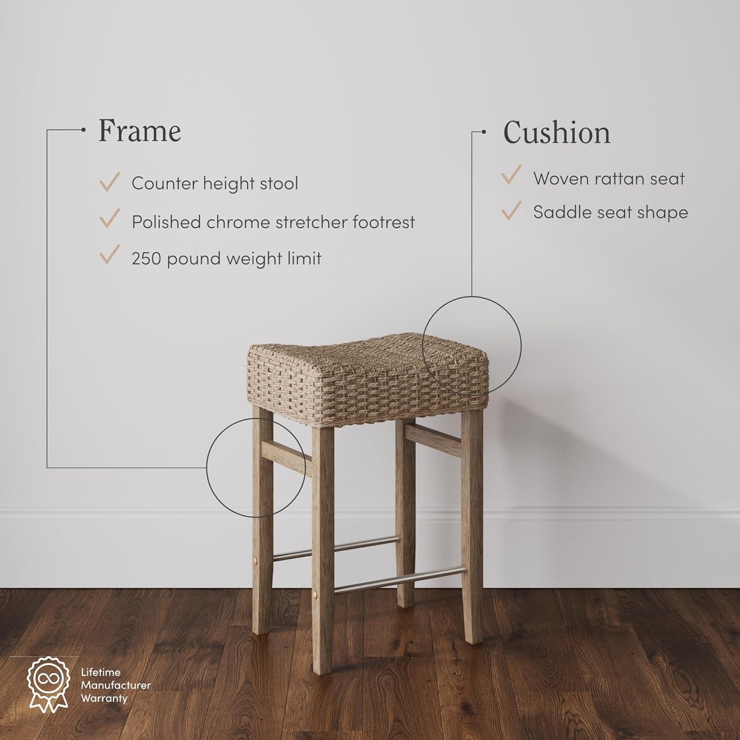 Nathan James Harvey Rattan Bar Stool, Bohemian Counter Height Stool with Woven Seagrass Seat, Solid Wood Legs, and Metal Footrest Seagrass/Brushed Gray, Set of 2