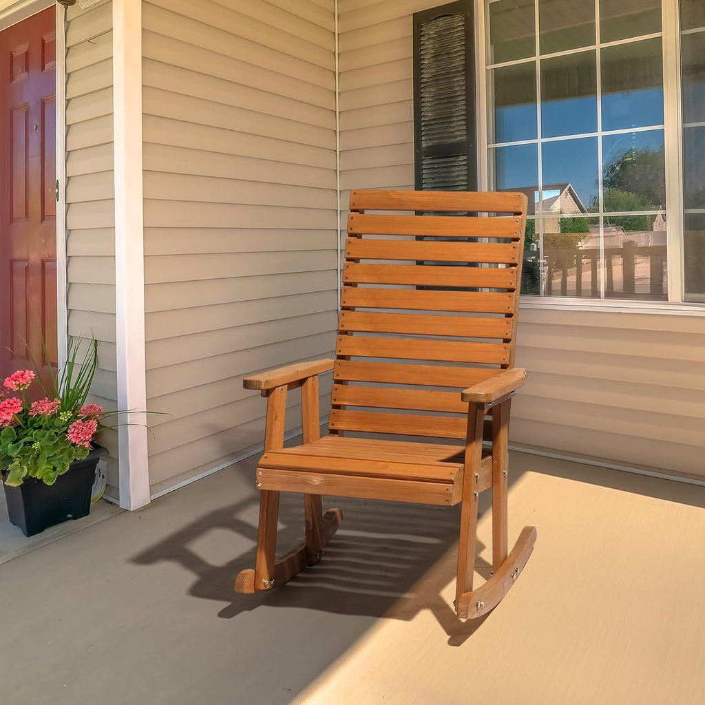 VINGLI Wooden Rocking Chair with High Backrest, Solid Fir Wood, Heavy Duty 600 LBS Patio Rockers for Indoor and Outdoor, Garden, Yard, Patio