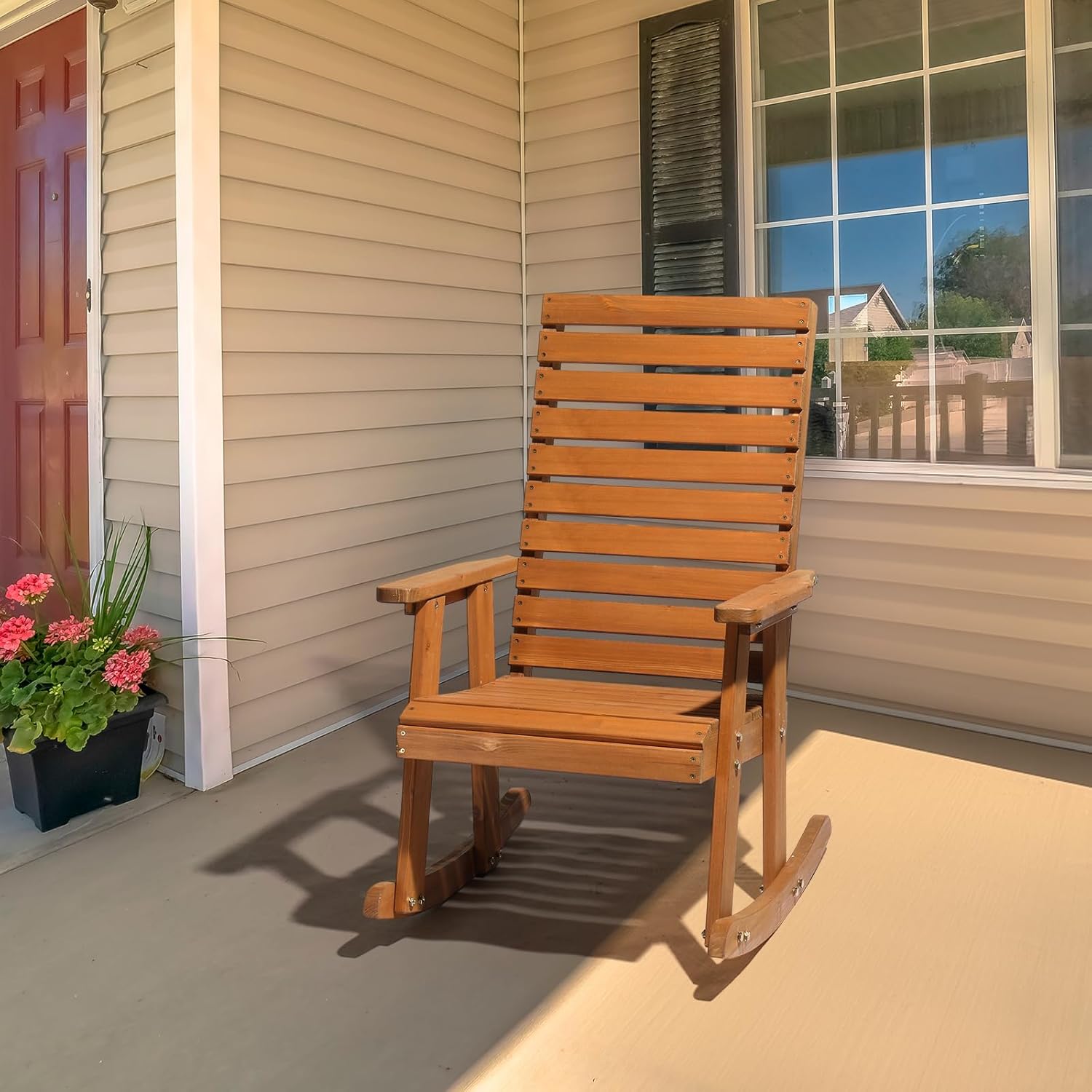 VINGLI Wooden Rocking Chair with High Backrest, Solid Fir Wood, Heavy Duty 600 LBS Patio Rockers for Indoor and Outdoor, Garden, Yard, Patio