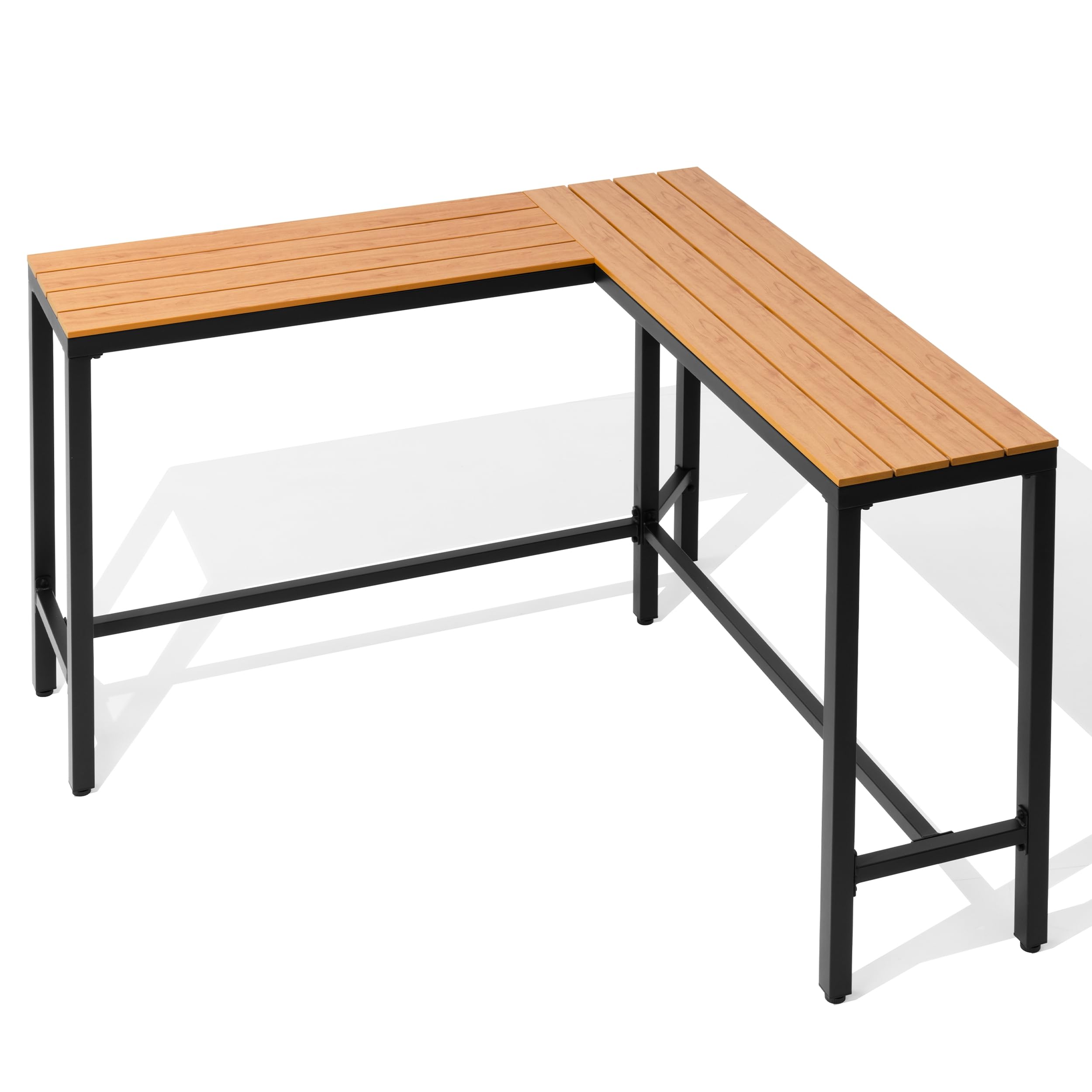 Crestlive Products Outdoor Bar Table, L-Shaped 55'' All-Weather Metal Frame with Slatted Tabletop, Patio Pub Counter Height High Top Table for Balcony, Backyard, Bistro, Garden, and Poolside, Black