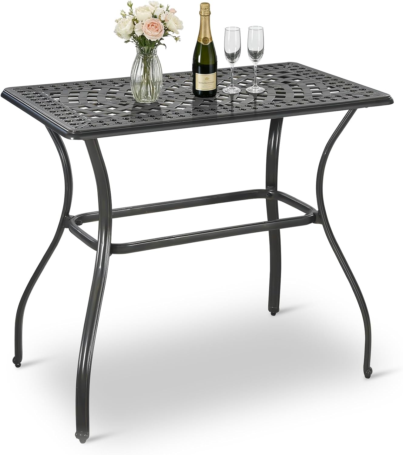MEETWARM Outdoor Bar Table, All-Weather Cast Aluminum 42" Rectangle Patio Bar Counter Height Table, High Top Dining Table with Adjustable Feet, 200 LBS Heavy Duty Patio Bistro Pub Table, Dark Bronze