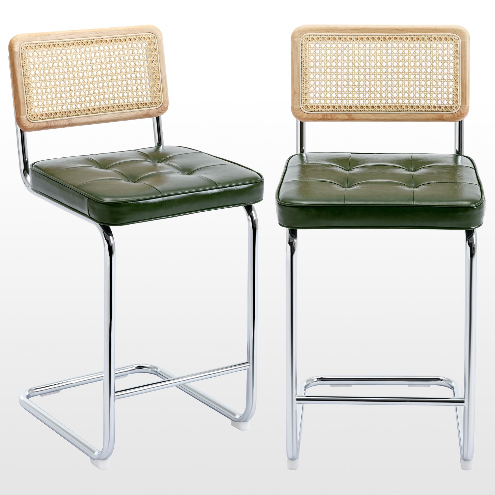 Zesthouse Natural Rattan Bar Stools Set of 2, Modern Counter Height Stools with Solid Wood Back, 26'' Counter Height Chairs, Mid Century Cantilevered Bar Chairs for Kitchen Island, Faux Leather Brown