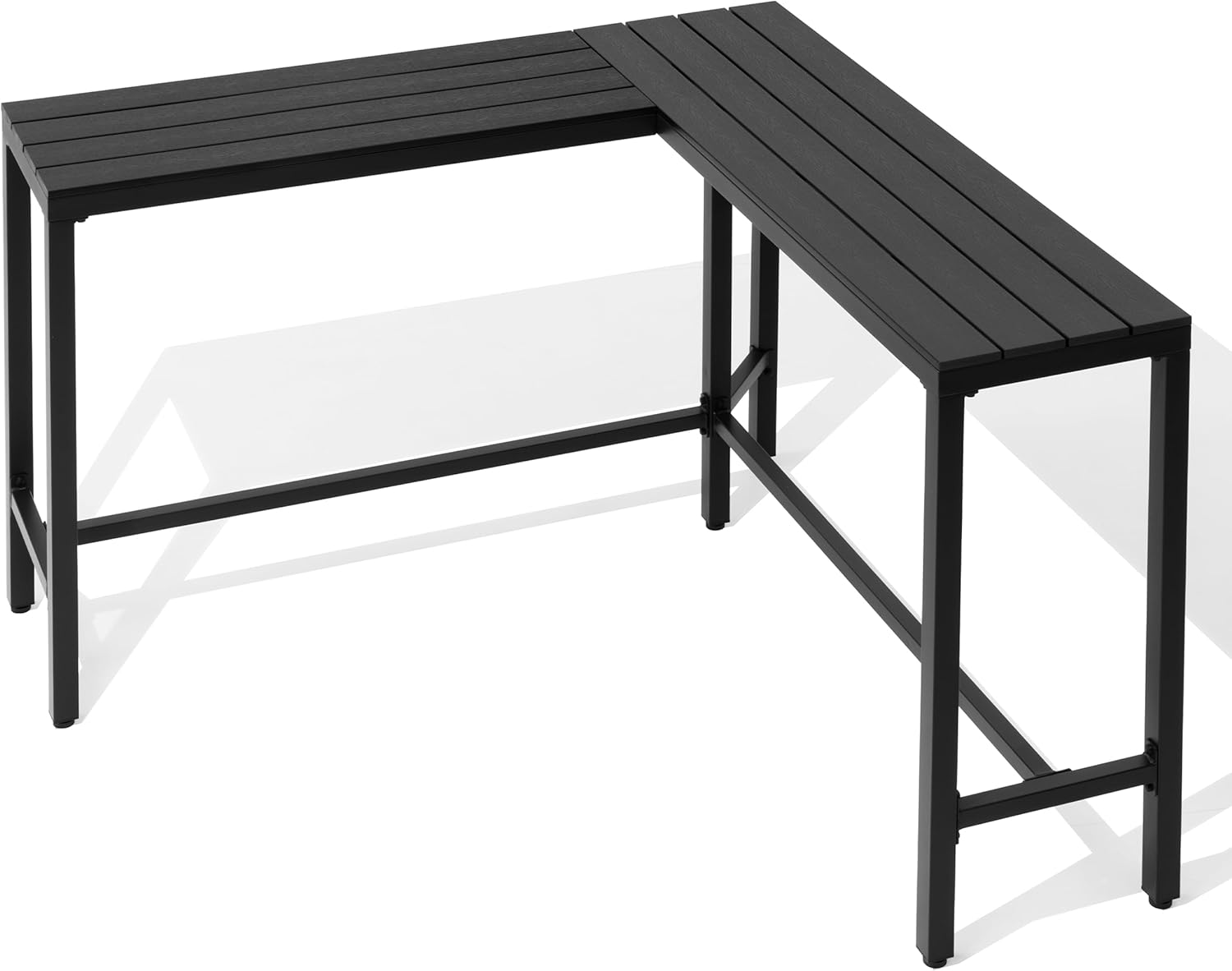 Crestlive Products Outdoor Bar Table, L-Shaped 55'' All-Weather Metal Frame with Slatted Tabletop, Patio Pub Counter Height High Top Table for Balcony, Backyard, Bistro, Garden, and Poolside, Black