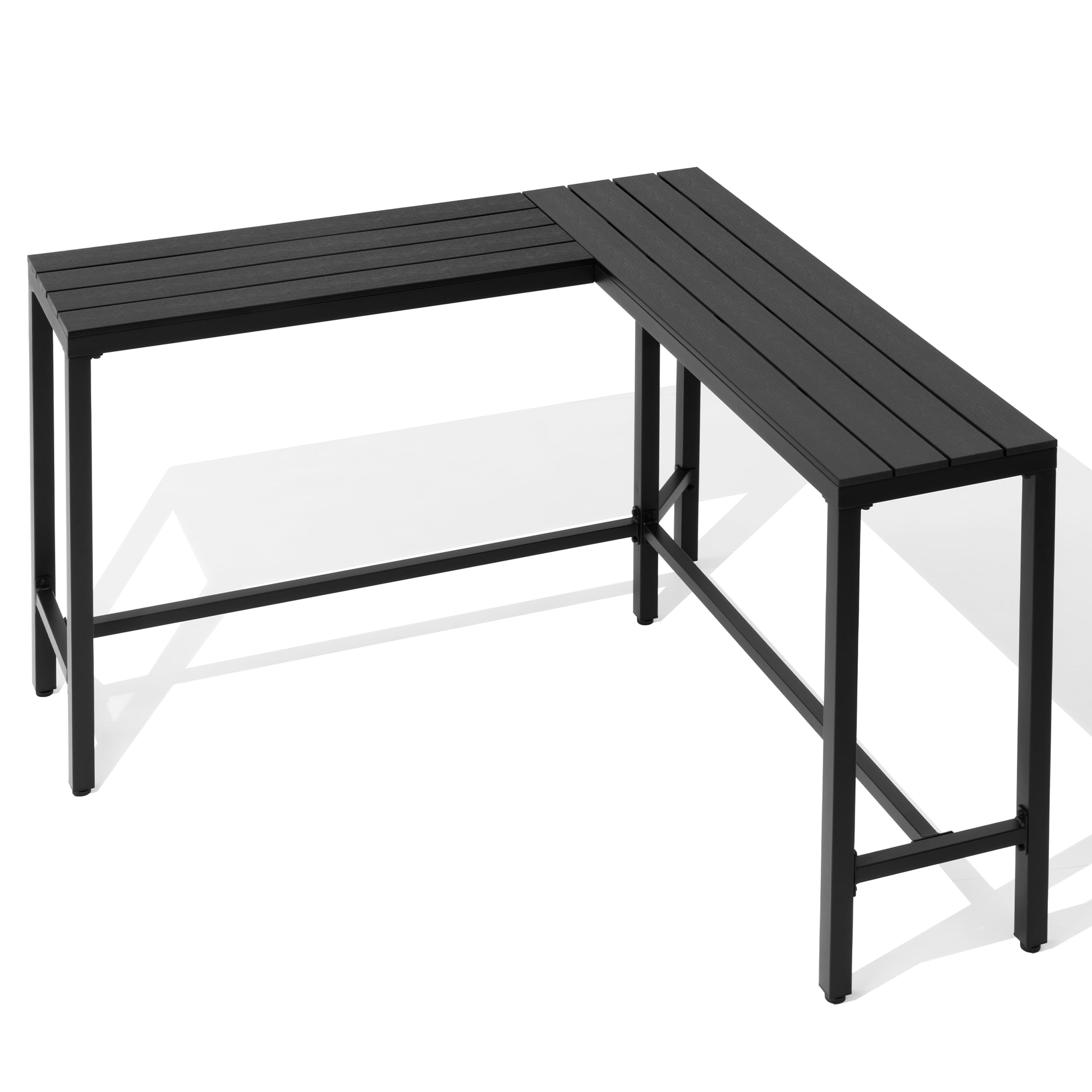 Crestlive Products Outdoor Bar Table, L-Shaped 55'' All-Weather Metal Frame with Slatted Tabletop, Patio Pub Counter Height High Top Table for Balcony, Backyard, Bistro, Garden, and Poolside, Black