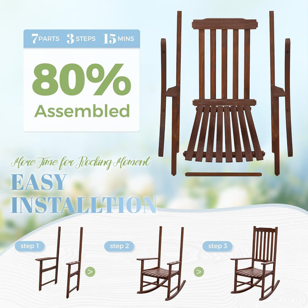 2 Acacia Wood Patio Rocking Chairs, High Back Brown