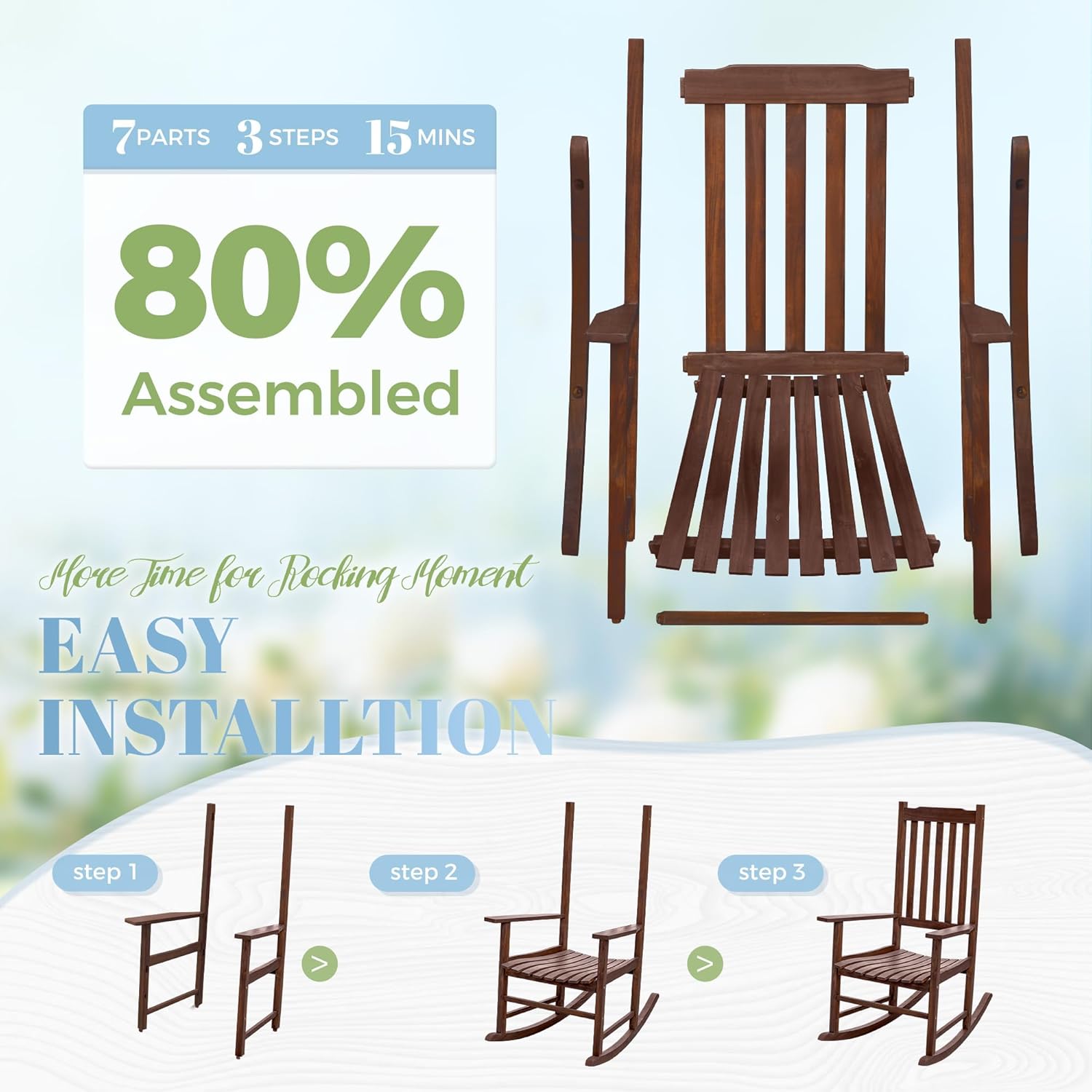 2 Acacia Wood Patio Rocking Chairs, High Back Brown