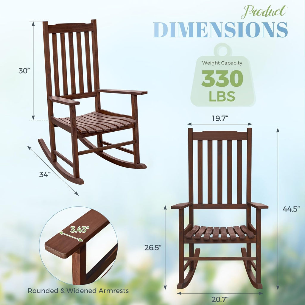 2 Acacia Wood Patio Rocking Chairs, High Back Brown