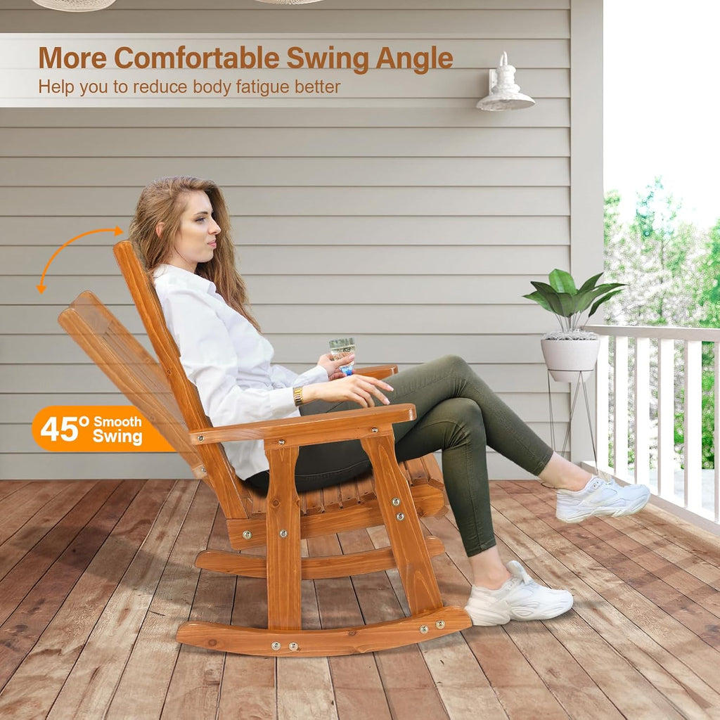 VINGLI Outdoor Rocking Chair, Heavy Duty 600 LBS Wooden Rocking Bench with Comfortable Backrest, Weatherproof Patio Rocker with Ergonomic Design, Wood Rocking Chair for Patio, Garden (Teak, 1PC)