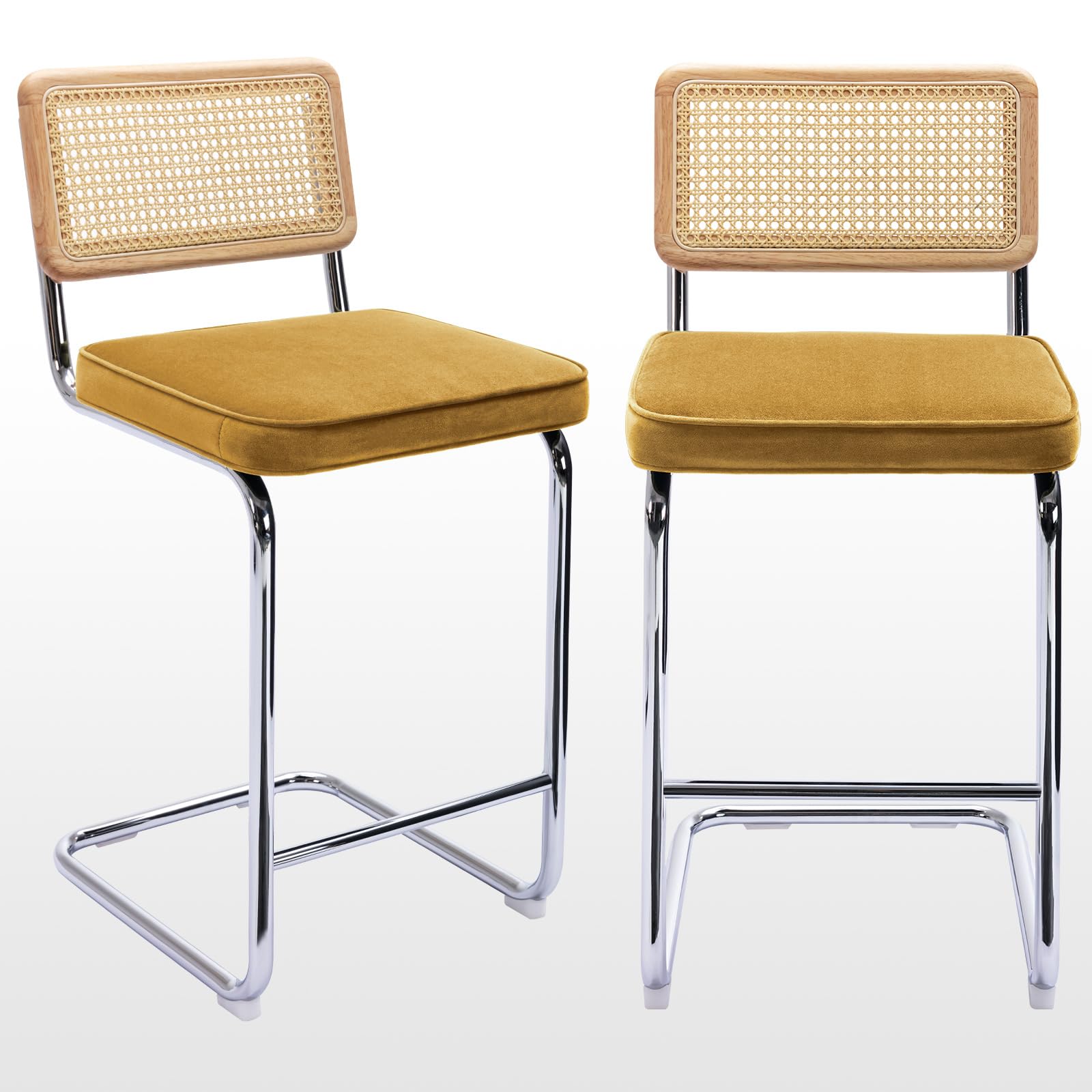 Zesthouse Natural Rattan Bar Stools Set of 2, Modern Counter Height Stools with Solid Wood Back, 26'' Counter Height Chairs, Mid Century Cantilevered Bar Chairs for Kitchen Island, Faux Leather Brown