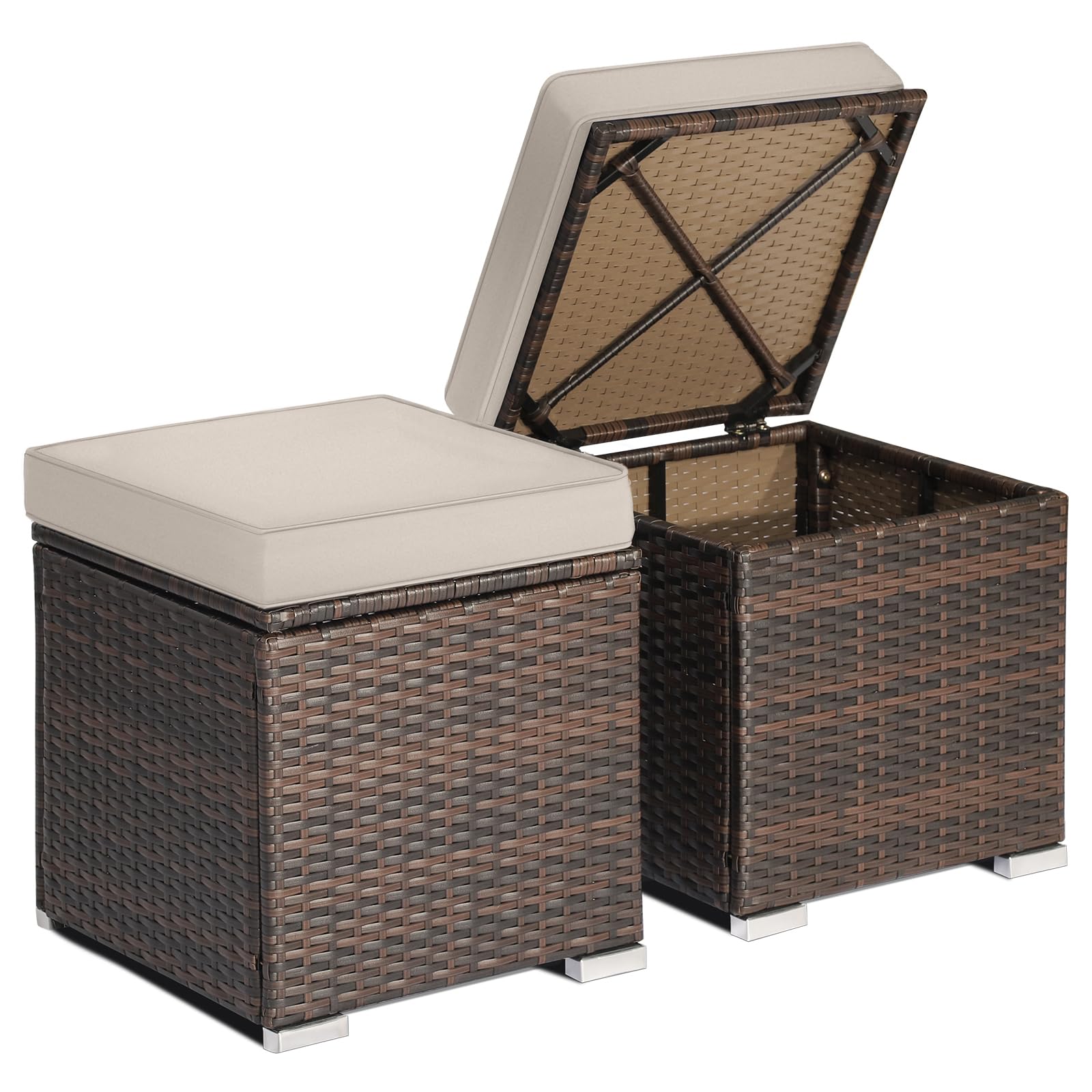 RELAX4LIFE Wicker Outdoor Storage Ottoman, 2-Piece Rattan Footstool w/Removable Cushion, Multipurpose Footrest Stool Side Table Additional Seating, Set of 2 Outdoor Ottomans for Patio Deck (Navy)