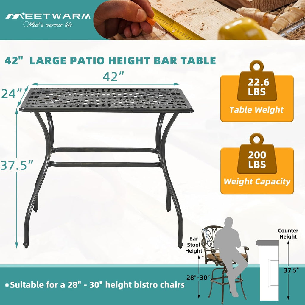 MEETWARM Outdoor Bar Table, All-Weather Cast Aluminum 42" Rectangle Patio Bar Counter Height Table, High Top Dining Table with Adjustable Feet, 200 LBS Heavy Duty Patio Bistro Pub Table, Dark Bronze