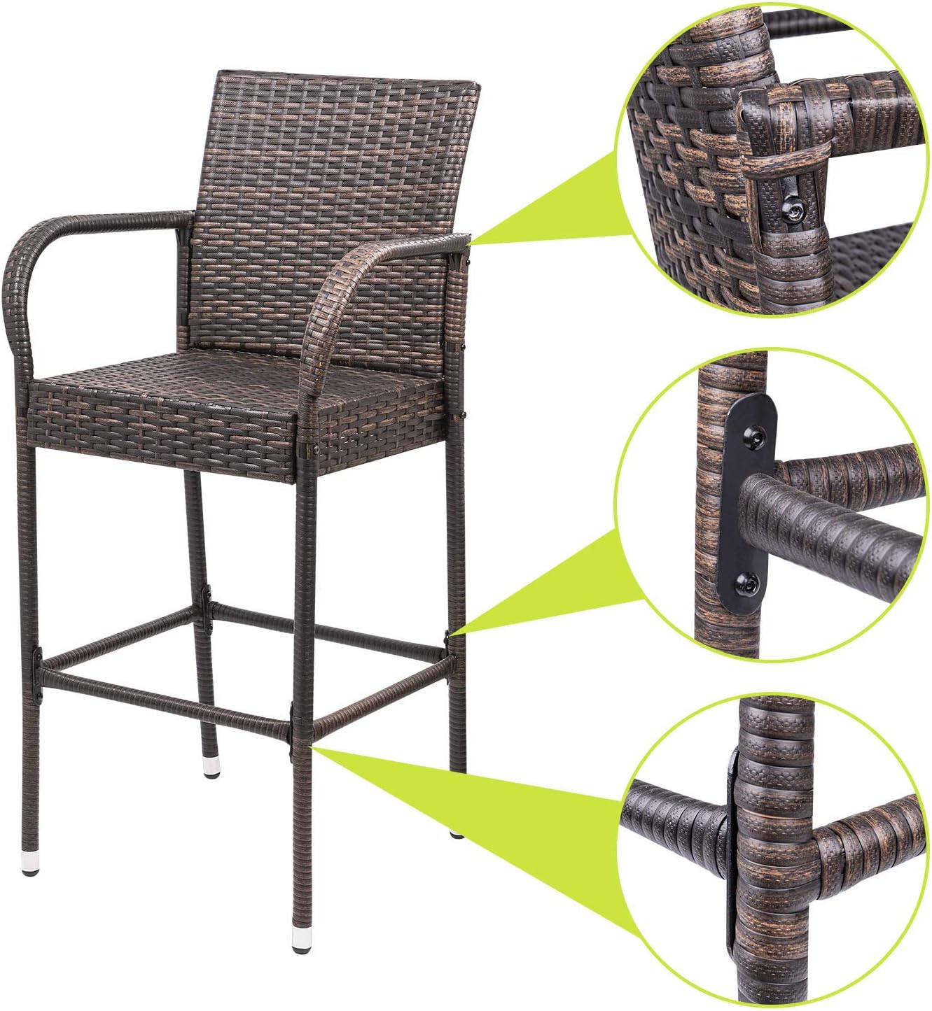Homall Patio Bar Stools Wicker Barstools Indoor Outdoor Bar Stool Patio Furniture with Footrest and Armrest for Garden Pool Lawn Backyard Set of 2 (Brown)