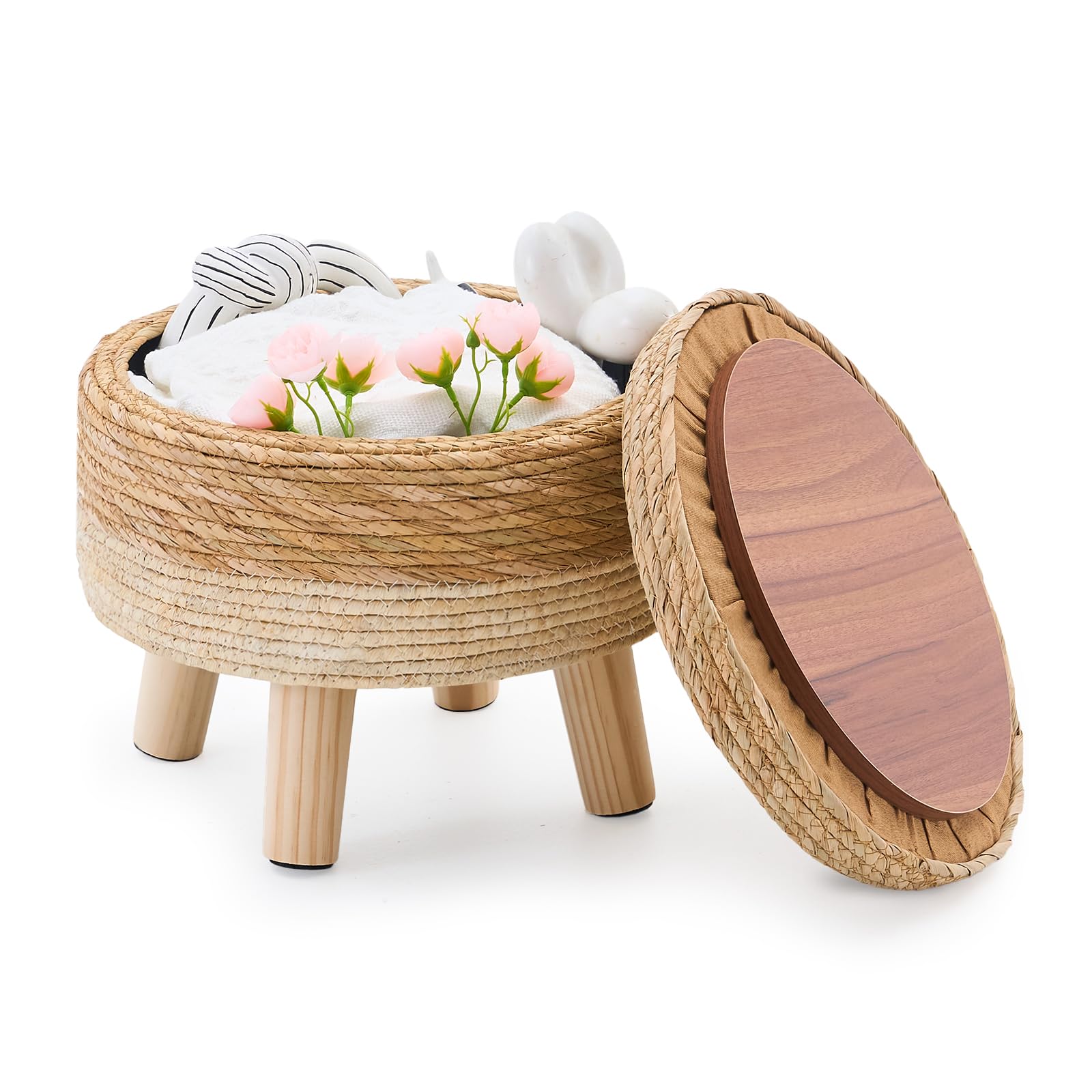 Cpintltr Storage Ottoman Poufs Handwoven Footstool Natural Seagrass Round Footrest Stool with 4 Wood Legs Soft Padded Outdoor Seat for Hallway Lounge Bedroom Garden