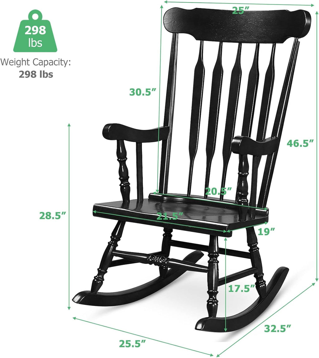 Tangkula Patio Rocking Chair Solid Rubber Wood, Outdoor Porch Rocker Chair with Rubber Wood Frame, Indoor Wooden Rocking Chair, Ideal for Garden, Backyard & Balcony (1, Black)