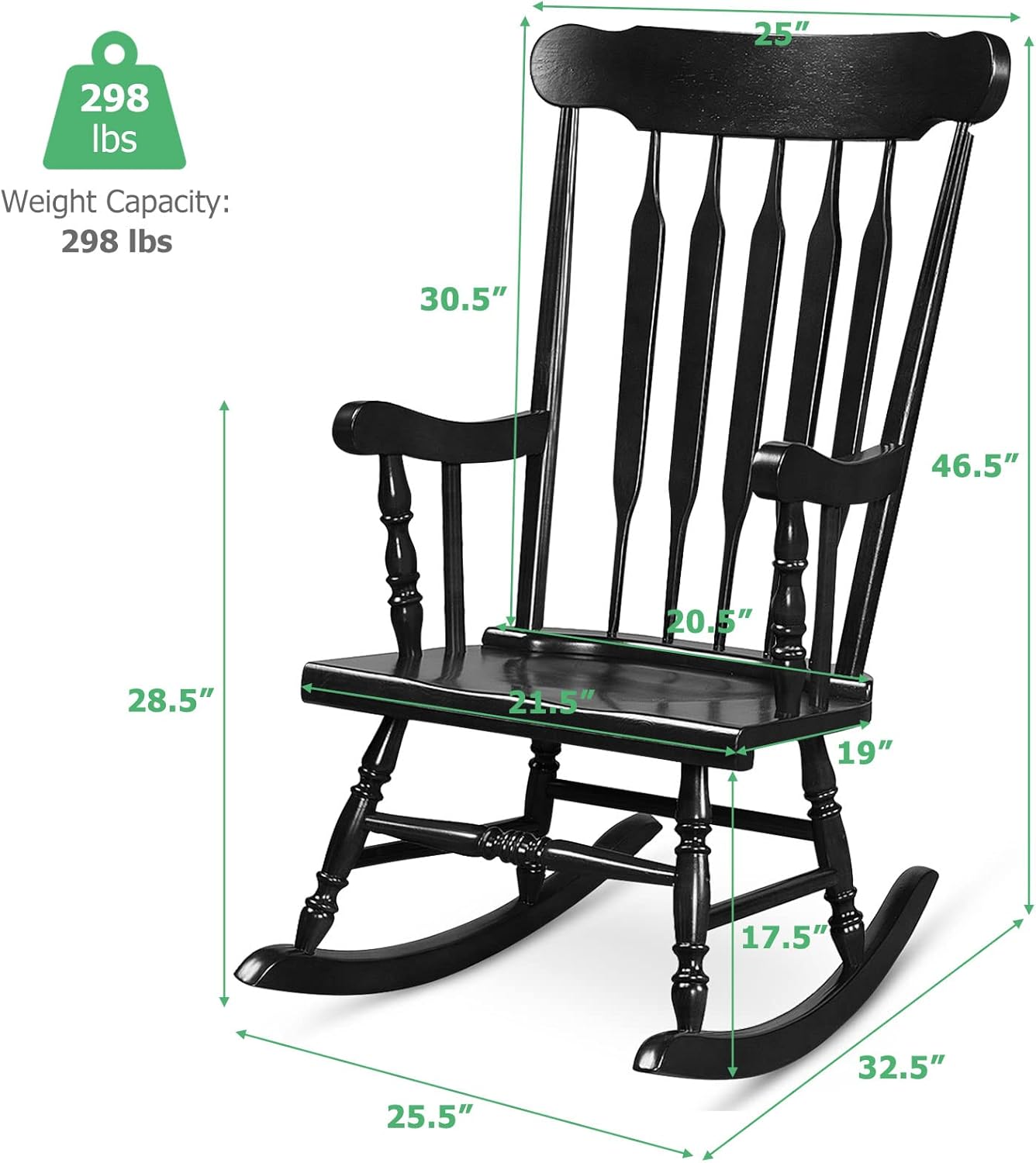 Tangkula Patio Rocking Chair Solid Rubber Wood, Outdoor Porch Rocker Chair with Rubber Wood Frame, Indoor Wooden Rocking Chair, Ideal for Garden, Backyard & Balcony (1, Black)