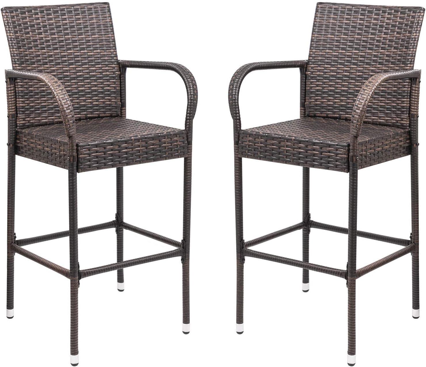Homall Patio Bar Stools Wicker Barstools Indoor Outdoor Bar Stool Patio Furniture with Footrest and Armrest for Garden Pool Lawn Backyard Set of 2 (Brown)