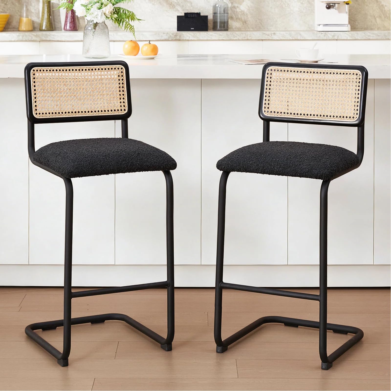 Zesthouse Natural Rattan Bar Stools Set of 2, Modern Counter Height Stools with Solid Wood Back, 26'' Counter Height Chairs, Mid Century Cantilevered Bar Chairs for Kitchen Island, Faux Leather Brown