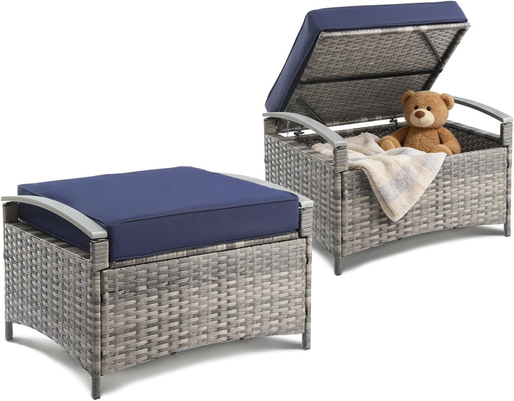 VINGLI 2 Pieces Rattan Ottoman with Storage, Wicker Patio Furniture w/Removable Cushion, Multipurpose Footrest Stool for Outdoor (Gray)