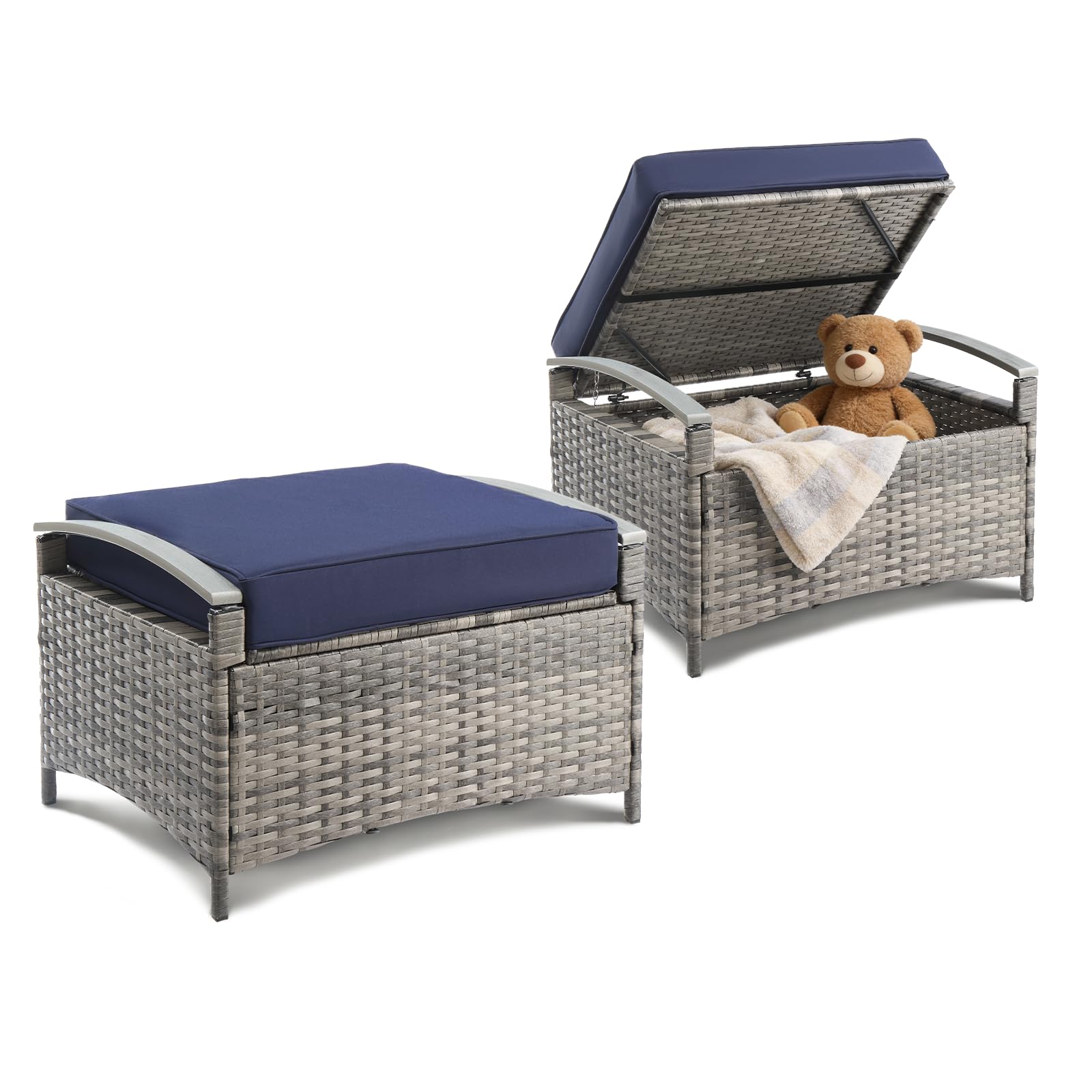 VINGLI 2 Pieces Rattan Ottoman with Storage, Wicker Patio Furniture w/Removable Cushion, Multipurpose Footrest Stool for Outdoor (Gray)