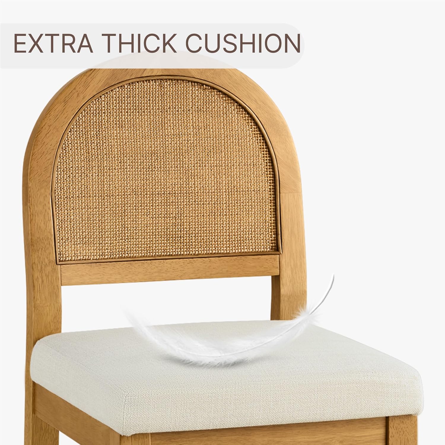 Rattan Counter Height Bar Stools Set of 3, Upholstered Farmhouse Barstools with Natural Rattan Back, Wooden Legs for Kitchen Island, Walnut/Linen