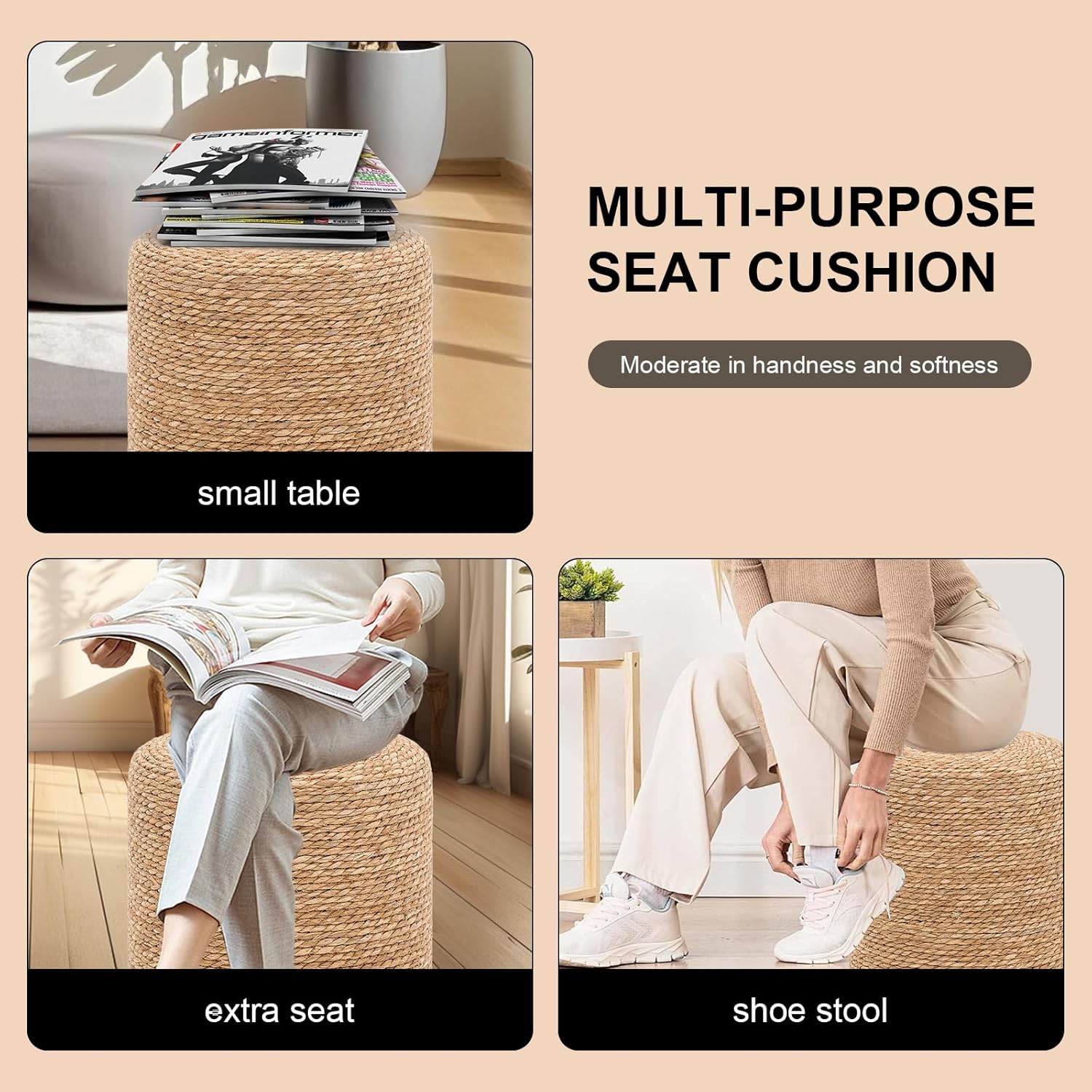 16" Natural Seagrass Braided Ottoman, Boho Round Footrest