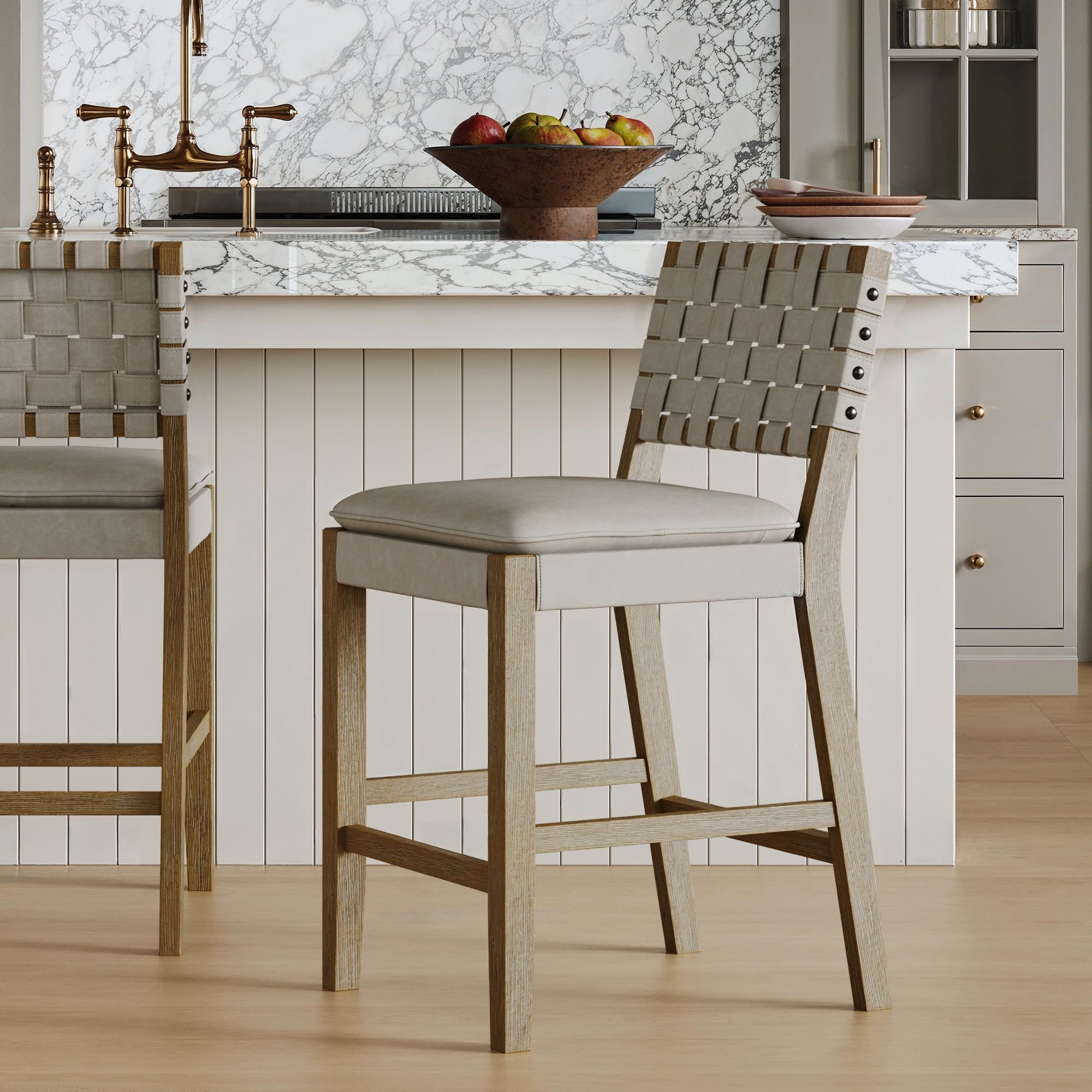 Nathan James Cohen Mid-Century Modern Leather Bar Stool, Counter Height Chair in Solid Wood Frame with Footrest and Woven Leather Back for Kitchen, Natural Brown, 1 count, Barstool - 24"