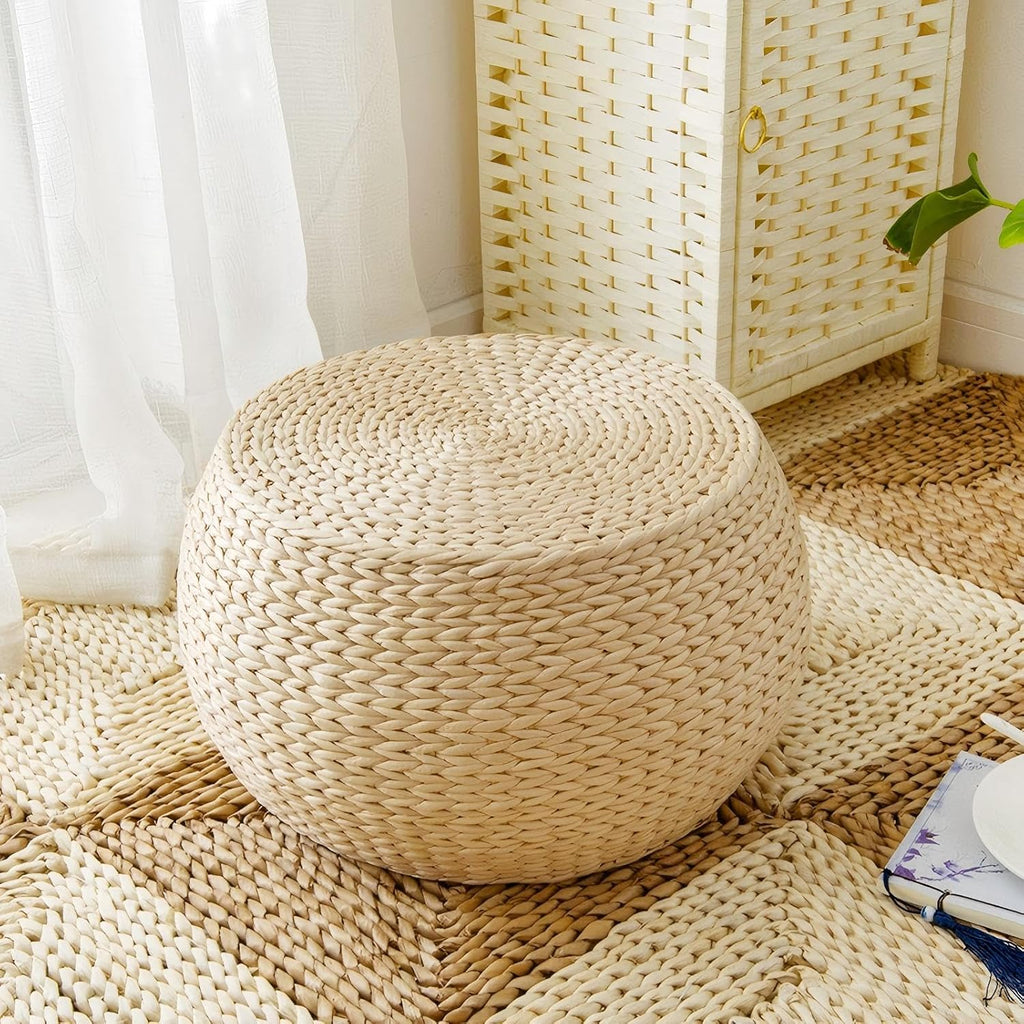 Solid Wood Straw Round Pouf Ottoman, Handwoven Boho Seating Stool, Low Tatami Ottoman Footrest for Living Room Bedroom Patio Garden (12.2"x12.2"x8.7")