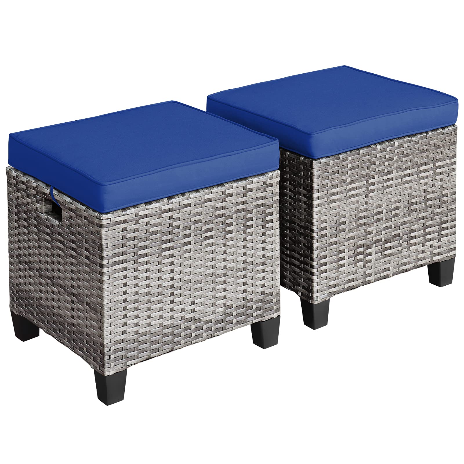 Tangkula 2 Pieces Patio Ottomans, Patiojoy Hand-Woven PE Rattan Side Table with Removable Cushion & Hidden Storage Space, Multifunctional Storage Box, Seat for Patio, Backyard, Poolside (Off White)