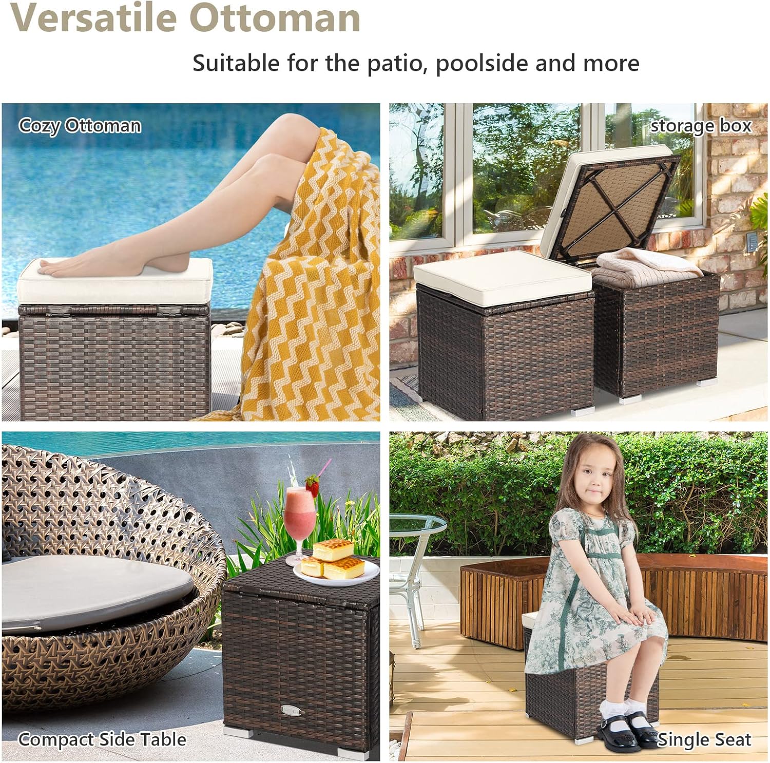 Tangkula 2 Pieces Patio Ottomans, Patiojoy Hand-Woven PE Rattan Side Table with Removable Cushion & Hidden Storage Space, Multifunctional Storage Box, Seat for Patio, Backyard, Poolside (Off White)