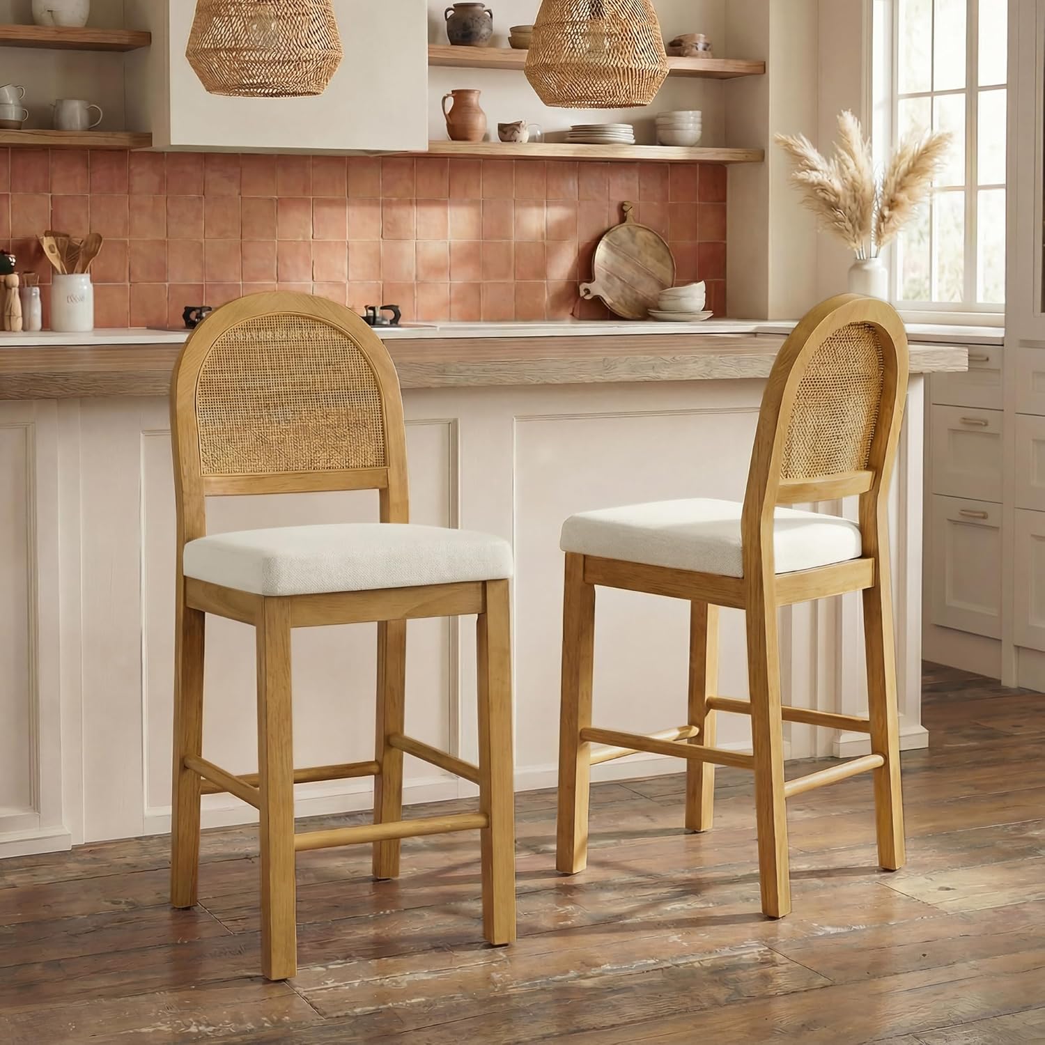 Rattan Counter Height Bar Stools Set of 3, Upholstered Farmhouse Barstools with Natural Rattan Back, Wooden Legs for Kitchen Island, Walnut/Linen