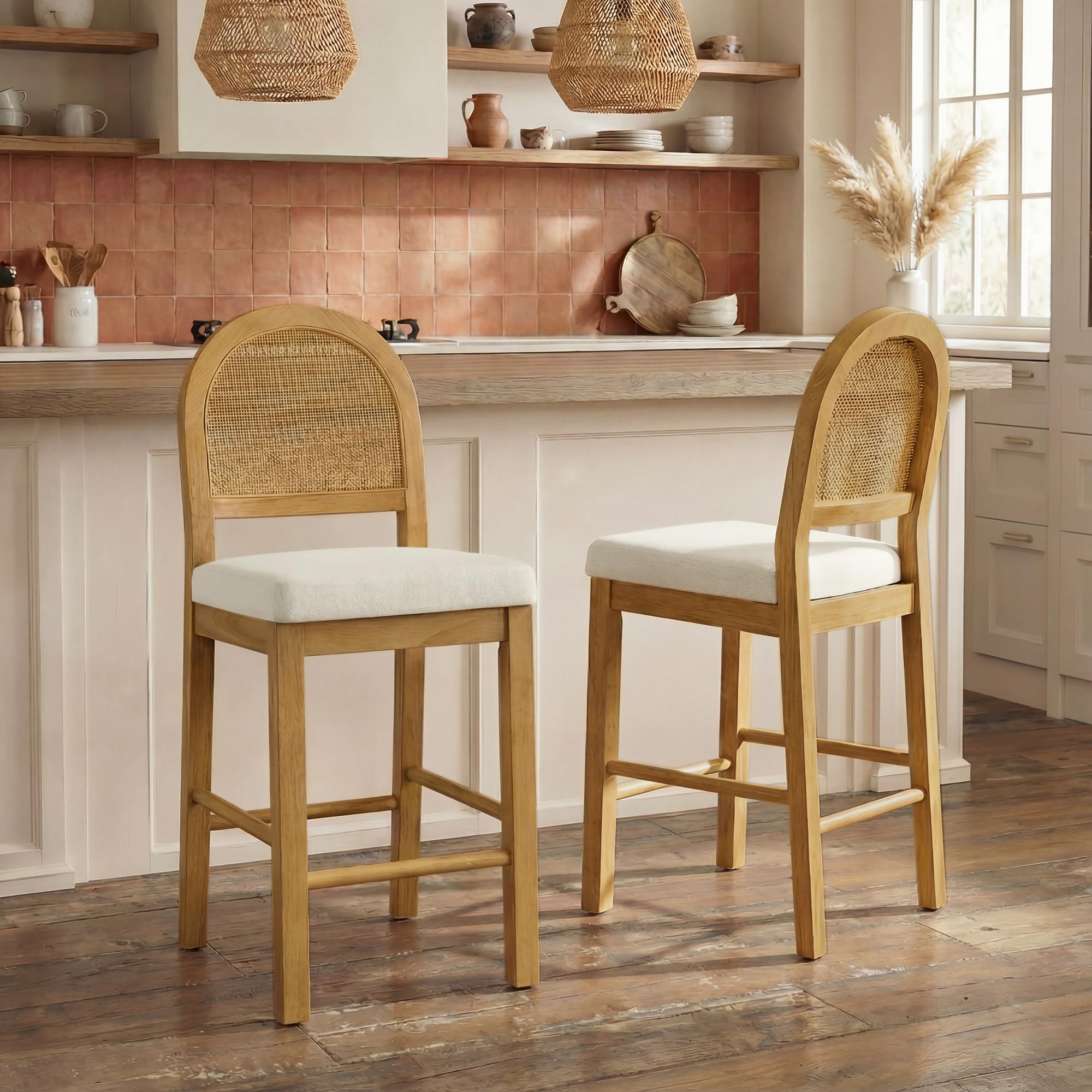 Rattan Counter Height Bar Stools Set of 3, Upholstered Farmhouse Barstools with Natural Rattan Back, Wooden Legs for Kitchen Island, Walnut/Linen
