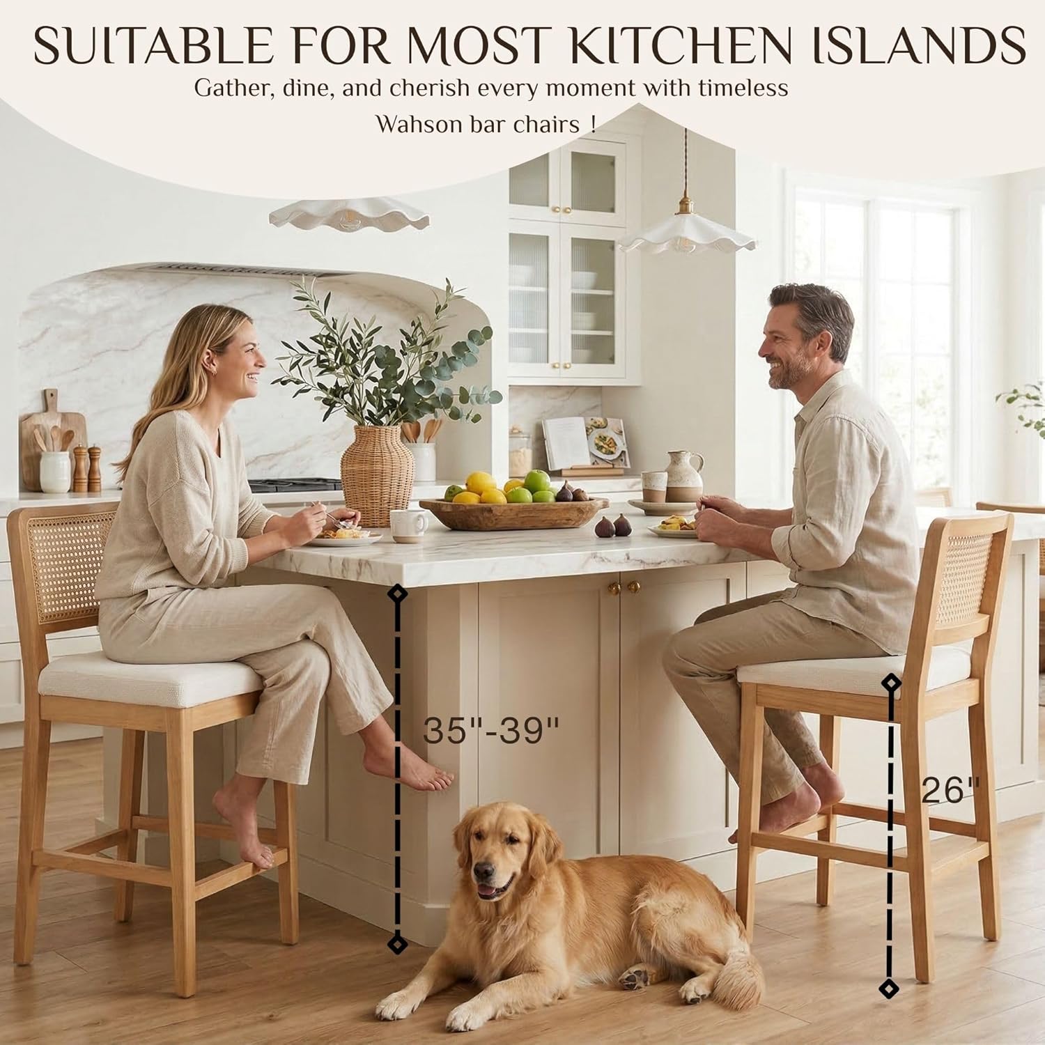Wahson Counter Height Bar Stools Set of 4, Farmhouse Rattan Bar Stool with Back, Upholstered Wooden Barstools Mid Century Modern Breakfast Bar Chairs for Kitchen Island, Chenille Beige