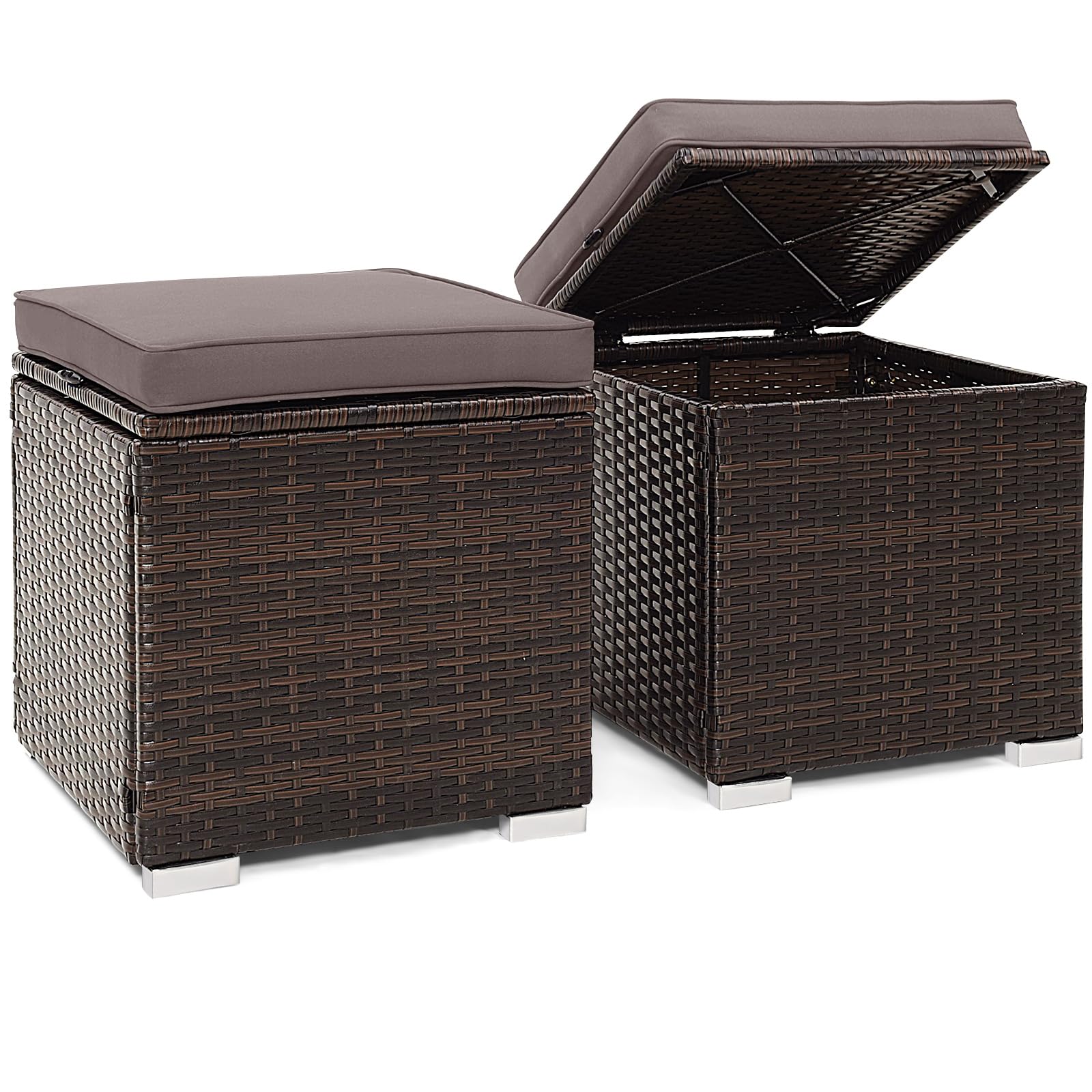 Tangkula 2 Pieces Patio Ottomans, Patiojoy Hand-Woven PE Rattan Side Table with Removable Cushion & Hidden Storage Space, Multifunctional Storage Box, Seat for Patio, Backyard, Poolside (Off White)