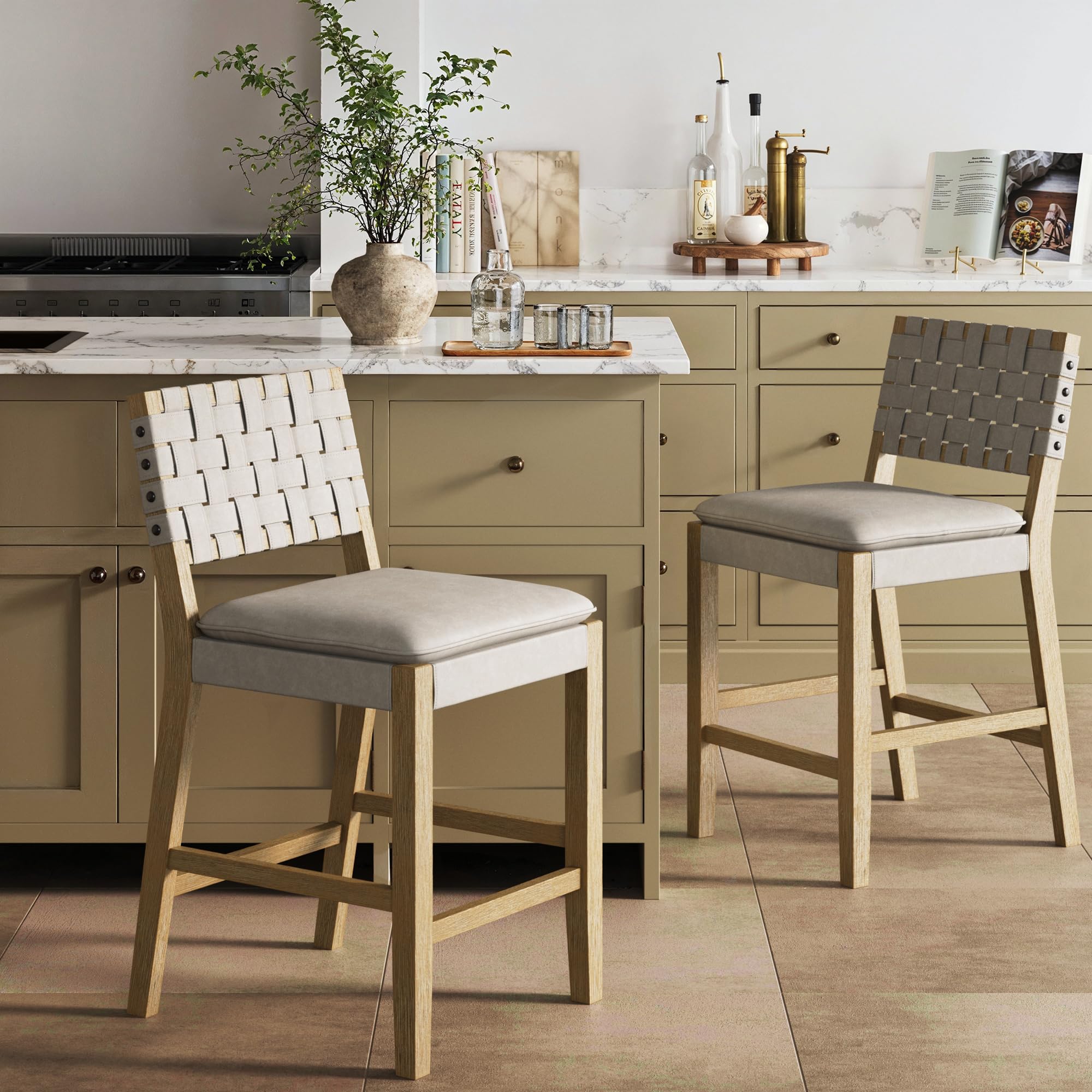 Nathan James Cohen Mid-Century Modern Leather Bar Stool, Counter Height Chair in Solid Wood Frame with Footrest and Woven Leather Back for Kitchen, Natural Brown, 1 count, Barstool - 24"