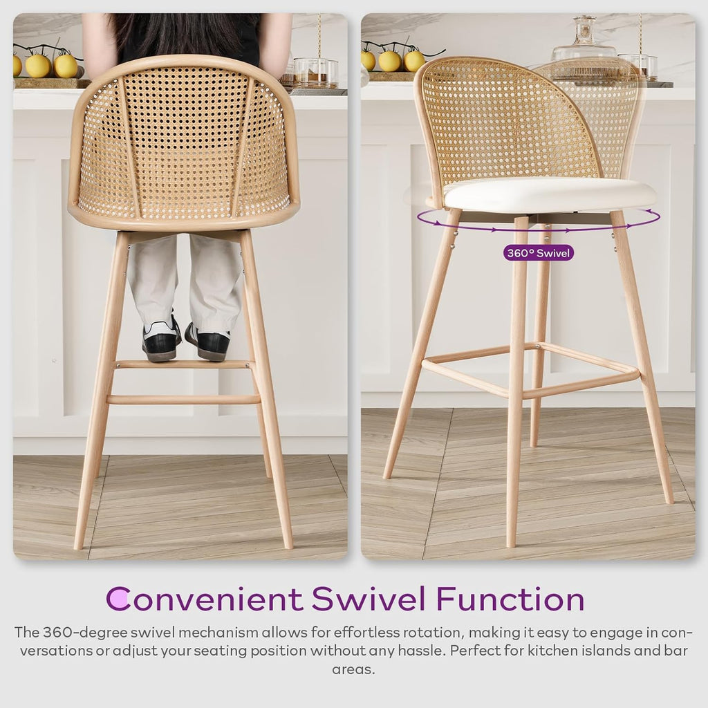 TYBOATLE 29'' BarStools Set of 2 w/Rattan Backrest, Swivel Counter Height Bar stools w/Metal Legs, Modern Mid-Century Boho Bar stools with Faux Leather for Kitchen Island, Dining Room, White